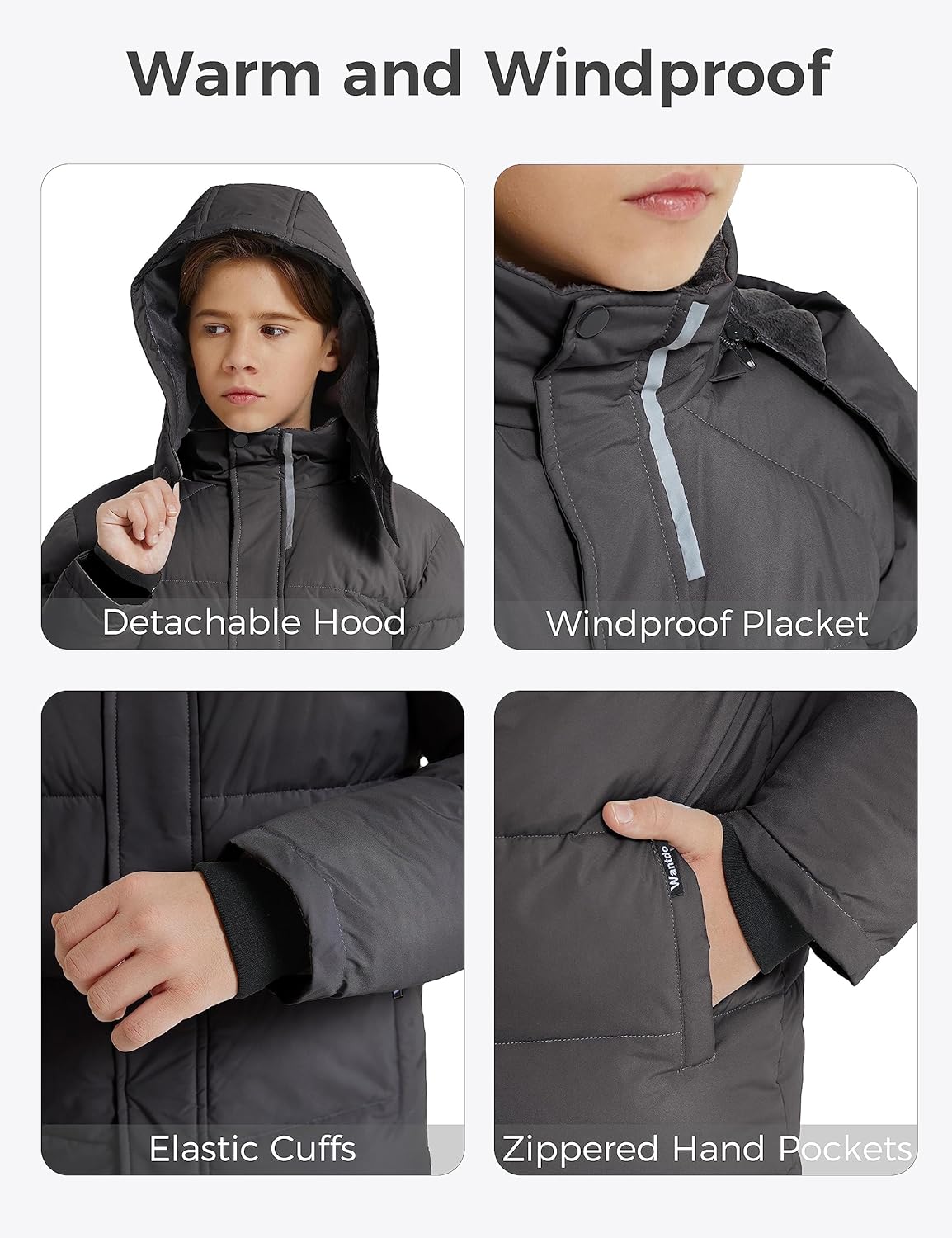 wantdo Boys Fleece Winter Coat Waterproof Puffer Jacket Warm Winter Outerwear Jackets with Hood · v2