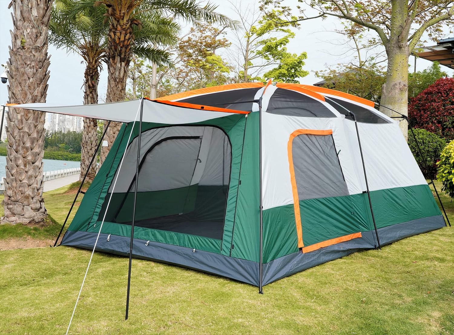 KTT Extra Large Tent 12 Person,Family Cabin Tents,2 Rooms,3 Doors and 3 Windows with Mesh,Straight Wall,Waterproof,Double Layer,Big Tent for Outdoor,Picnic,Camping,Family Gathering(Green)