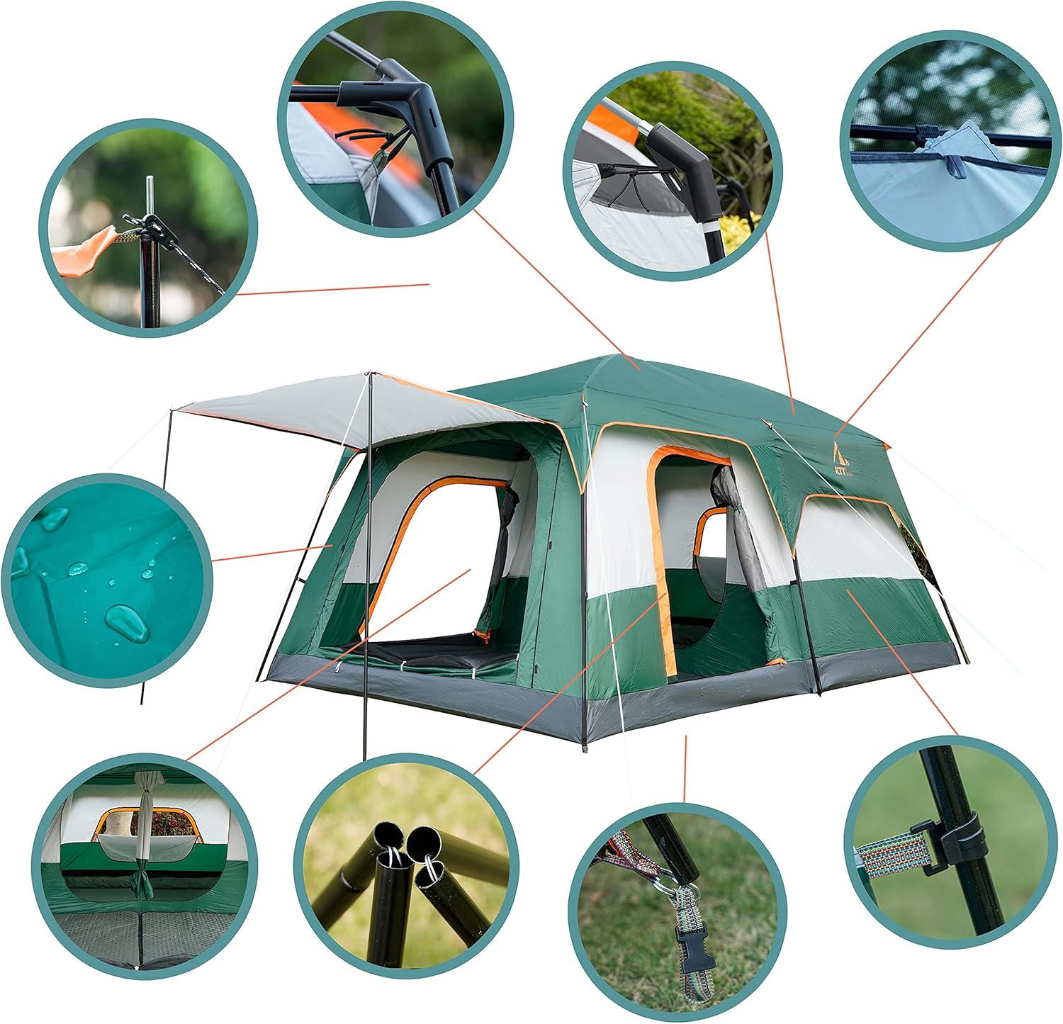 KTT Extra Large Tent 12 Person,Family Cabin Tents,2 Rooms,3 Doors and 3 Windows with Mesh,Straight Wall,Waterproof,Double Layer,Big Tent for Outdoor,Picnic,Camping,Family Gathering(Green)