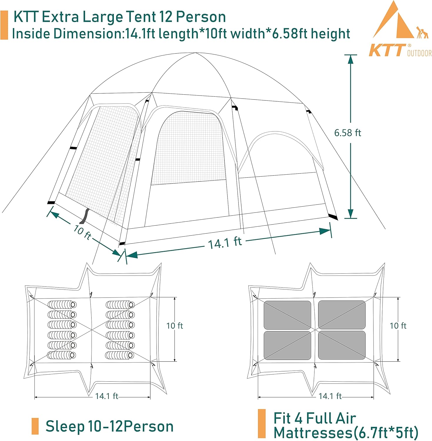 KTT Extra Large Tent 12 Person,Family Cabin Tents,2 Rooms,3 Doors and 3 Windows with Mesh,Straight Wall,Waterproof,Double Layer,Big Tent for Outdoor,Picnic,Camping,Family Gathering(Green)