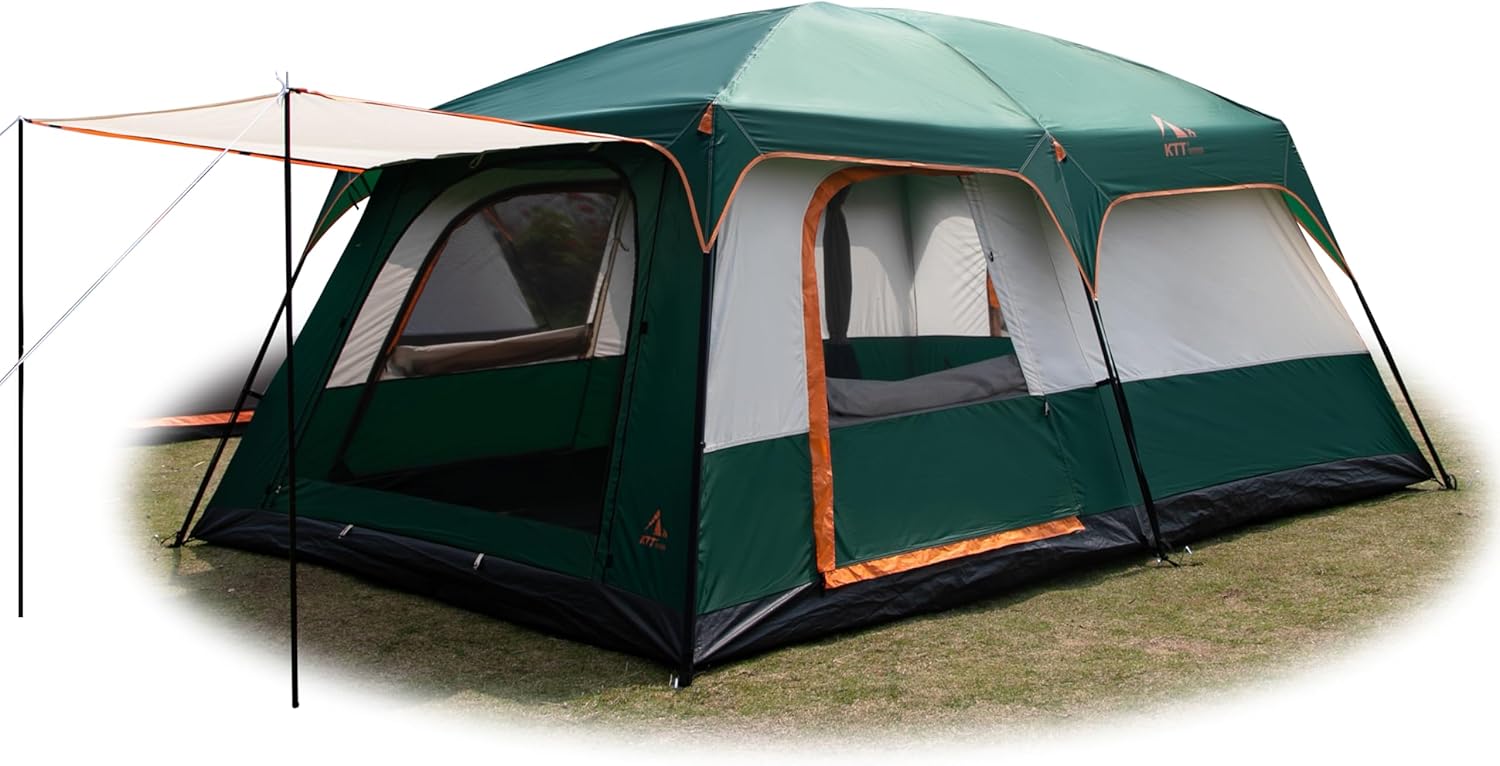 KTT Extra Large Tent 12 Person,Family Cabin Tents,2 Rooms,3 Doors and 3 Windows with Mesh,Straight Wall,Waterproof,Double Layer,Big Tent for Outdoor,Picnic,Camping,Family Gathering(Green)