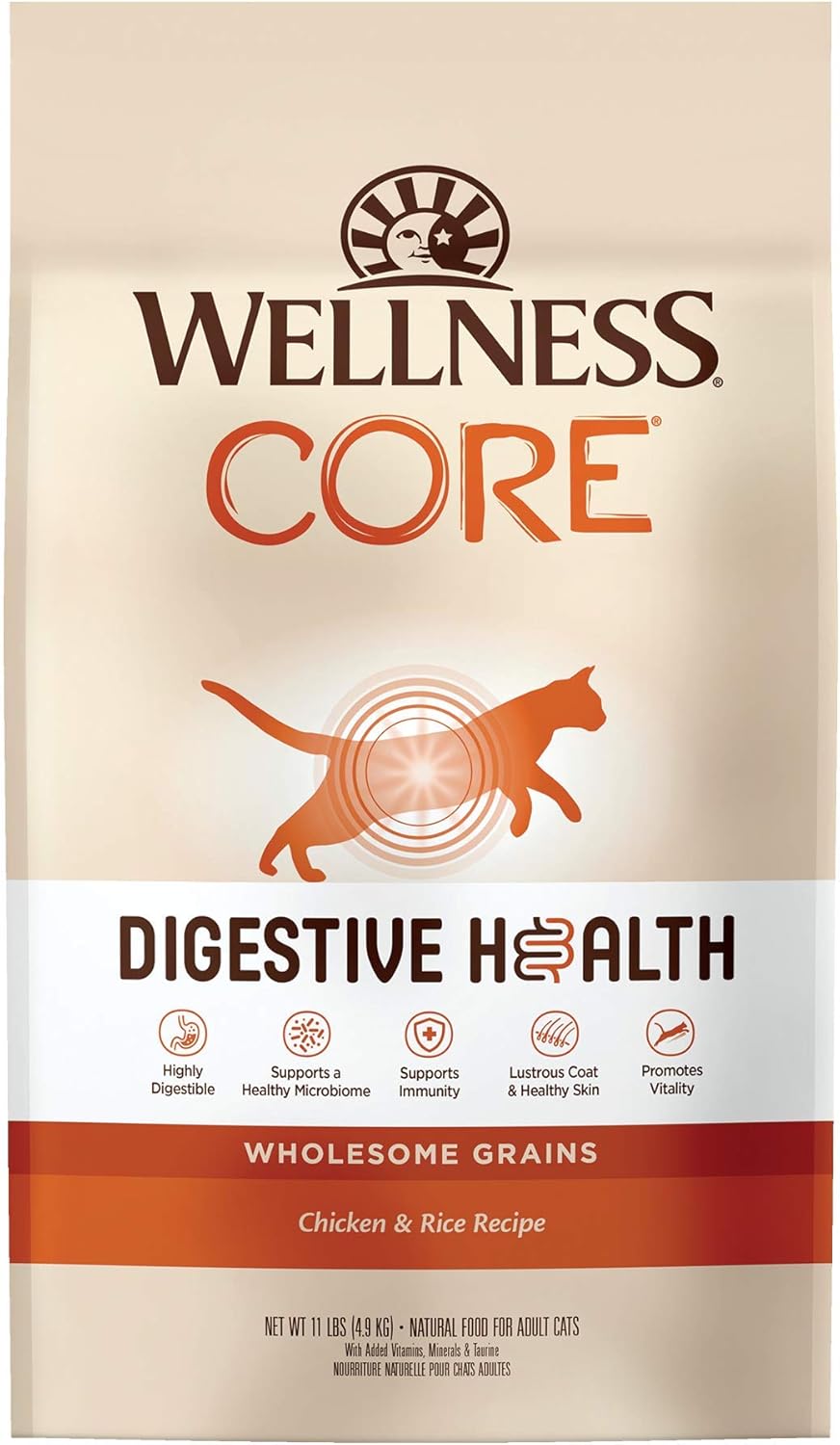 Alimento seco para gatos Wellness CORE Digestive Health, cereales integrales, recubierto de probióticos y alto contenido de proteínas, pollo, arroz, alimento seco para gatos, bolsa de 11 libras