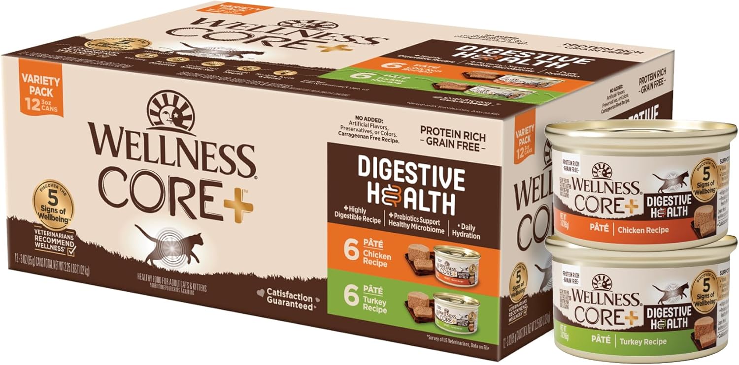 Alimento húmedo y natural para gatos Wellness CORE Digestive Health, sin cereales, estómago sensible, de fácil digestión (paquete variado de pollo y pavo, lata de 3 onzas, paquete de 12)