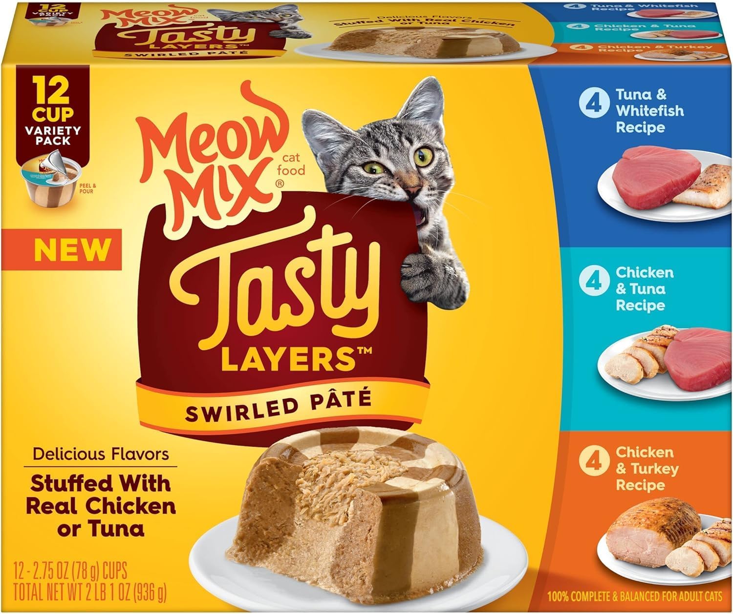 Meow Mix Tasty Layers Swirled Paté Wet Cat Food Variety Pack, 2.75 Ounce Cup (Pack of 48) · v2