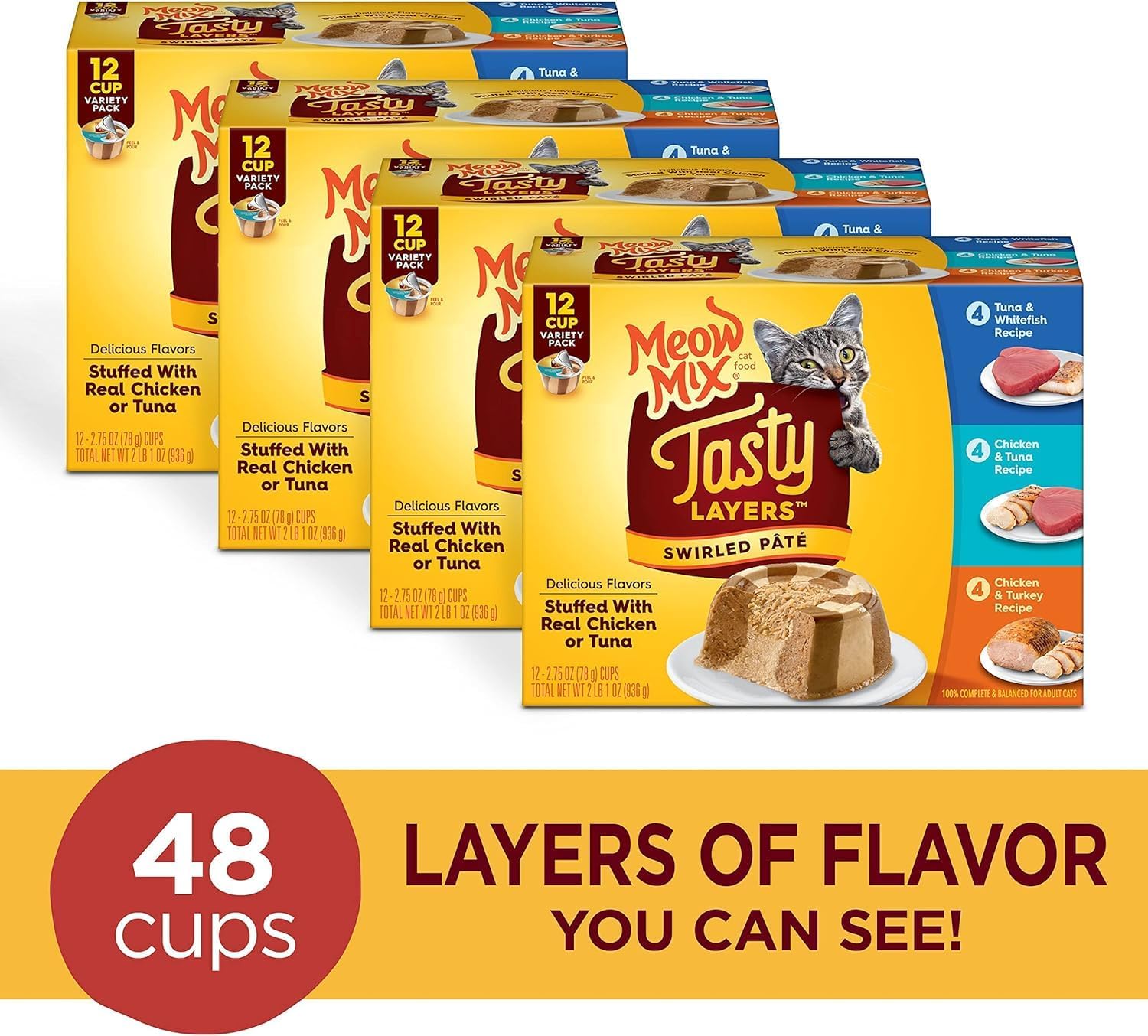 Meow Mix Tasty Layers Swirled Paté Wet Cat Food Variety Pack, 2.75 Ounce Cup (Pack of 48) · v2