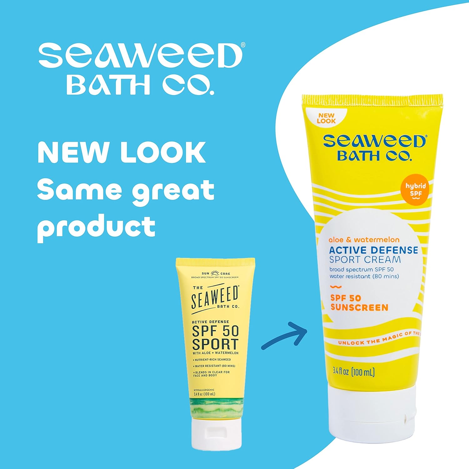 كريم الوقاية من الشمس واسع الطيف من Seaweed Bath Co. Active Defense SPF 50 Sport، 3.4 أونصة، أعشاب بحرية تم حصادها بشكل مستدام، صبار، بطيخ
