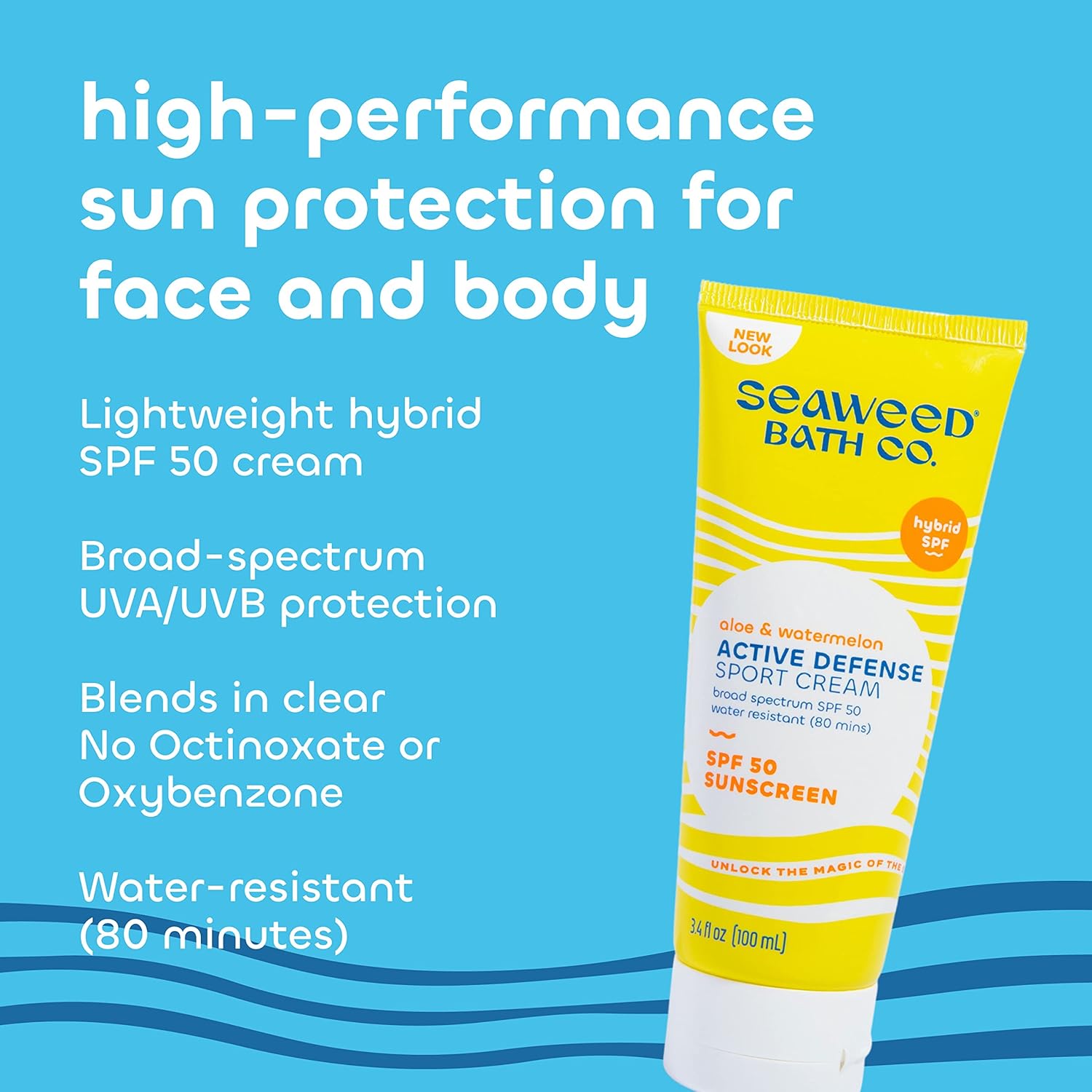 كريم الوقاية من الشمس واسع الطيف من Seaweed Bath Co. Active Defense SPF 50 Sport، 3.4 أونصة، أعشاب بحرية تم حصادها بشكل مستدام، صبار، بطيخ