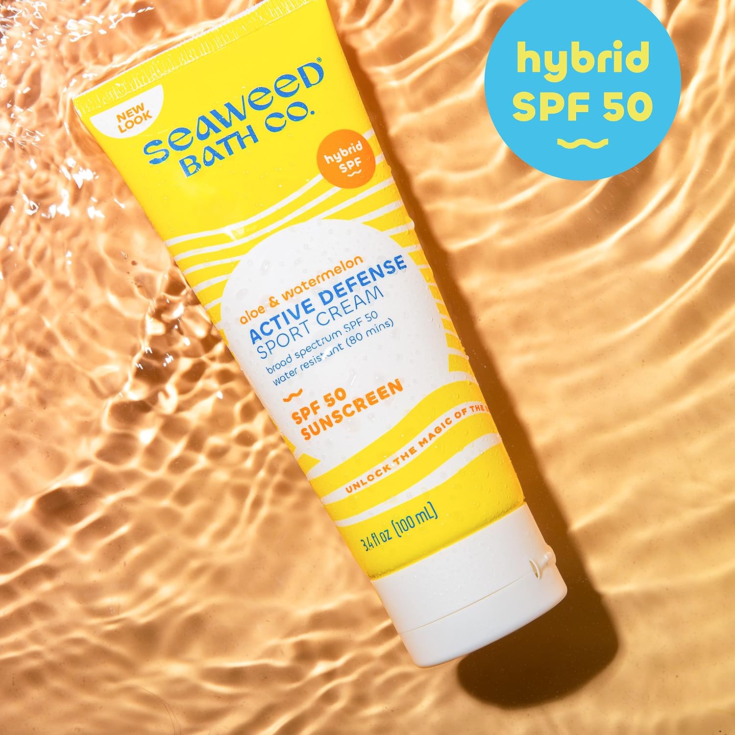 كريم الوقاية من الشمس واسع الطيف من Seaweed Bath Co. Active Defense SPF 50 Sport، 3.4 أونصة، أعشاب بحرية تم حصادها بشكل مستدام، صبار، بطيخ