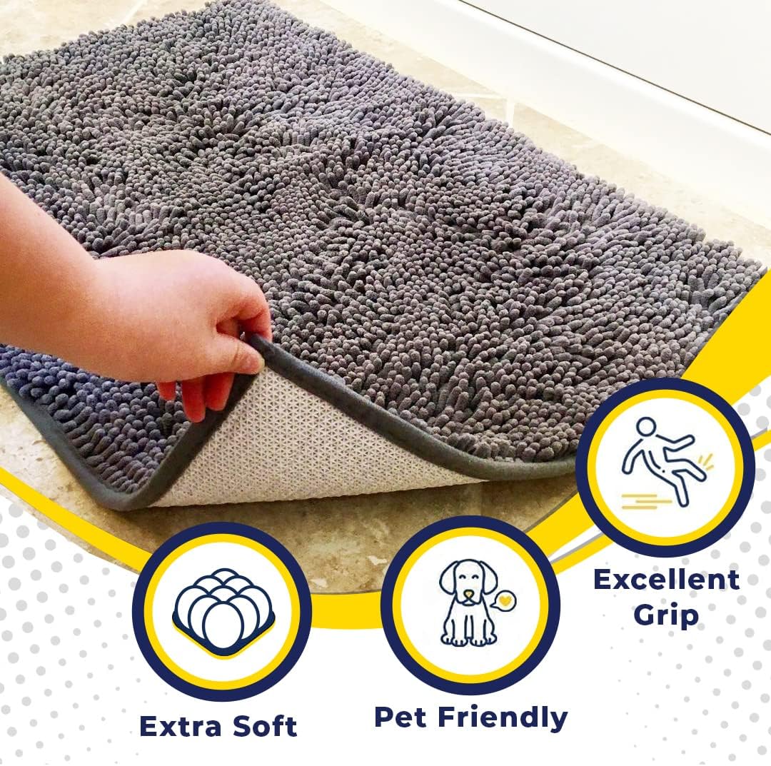 Muddy Mat® AS-SEEN-ON-TV Hunde-Türmatte und Hundedecke aus hochabsorbierender Mikrofaser, rutschfeste, dicke, waschbare Bereich- und Badematte, weiche Chenille für Küche, Bad, Schlafzimmer und Innenbereich — Grau, Größe M, 30 x 19 Zoll
