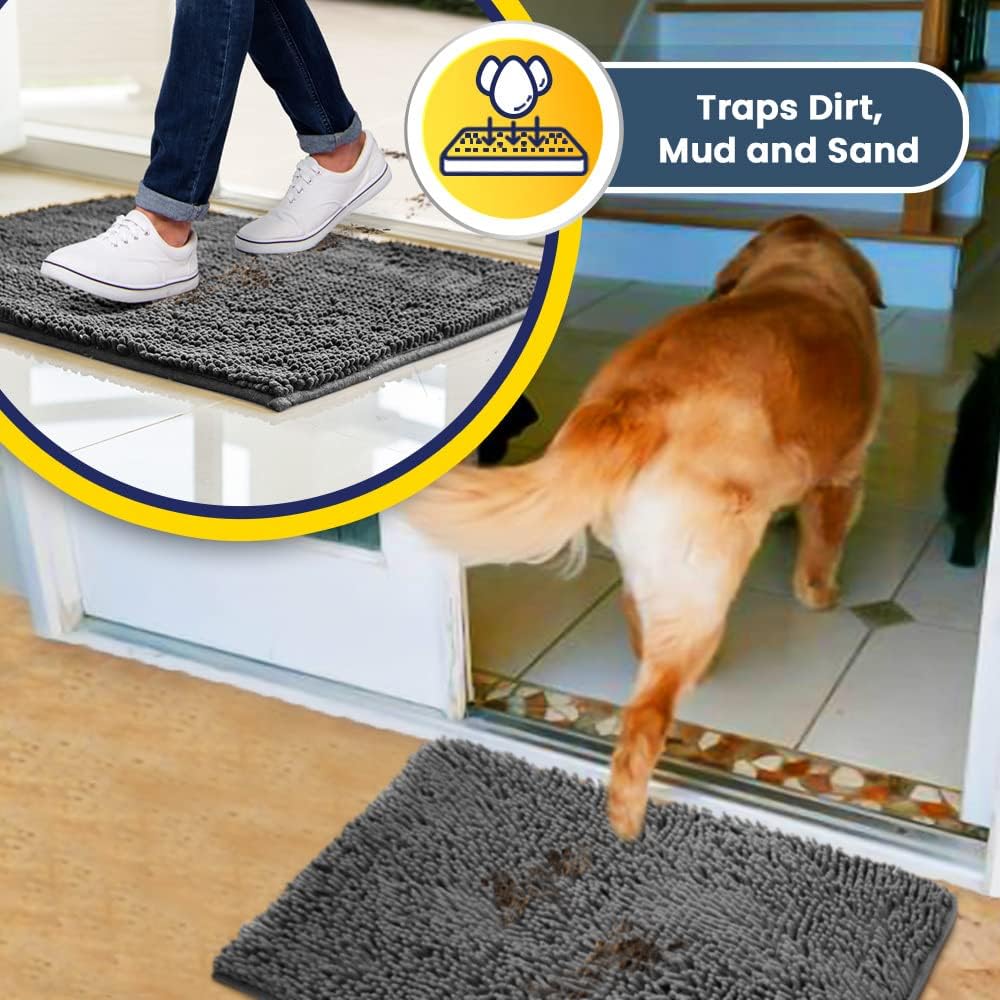 Muddy Mat® AS-SEEN-ON-TV Hunde-Türmatte und Hundedecke aus hochabsorbierender Mikrofaser, rutschfeste, dicke, waschbare Bereich- und Badematte, weiche Chenille für Küche, Bad, Schlafzimmer und Innenbereich — Grau, Größe M, 30 x 19 Zoll
