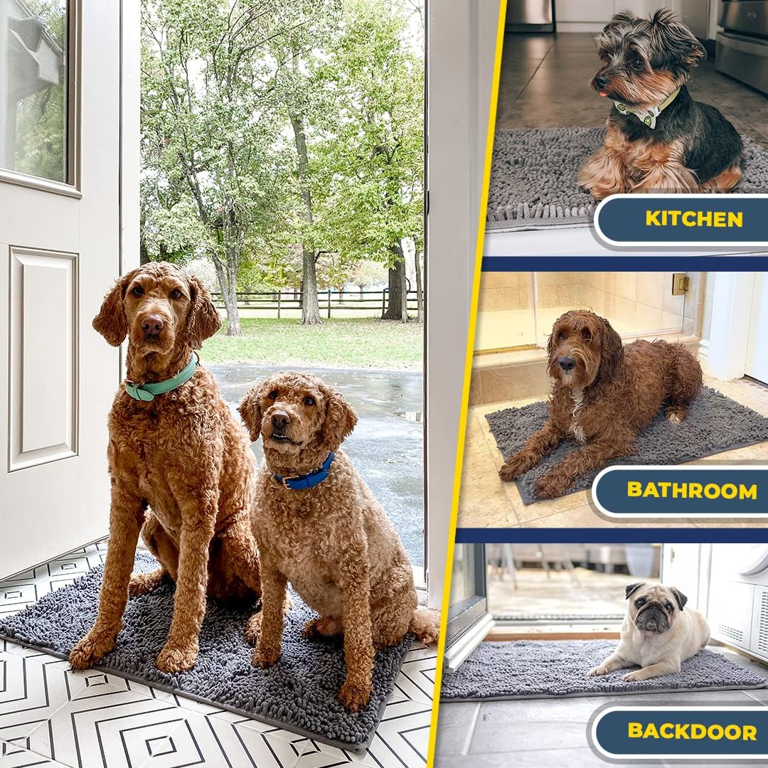 Muddy Mat® AS-SEEN-ON-TV Hunde-Türmatte und Hundedecke aus hochabsorbierender Mikrofaser, rutschfeste, dicke, waschbare Bereich- und Badematte, weiche Chenille für Küche, Bad, Schlafzimmer und Innenbereich — Grau, Größe M, 30 x 19 Zoll