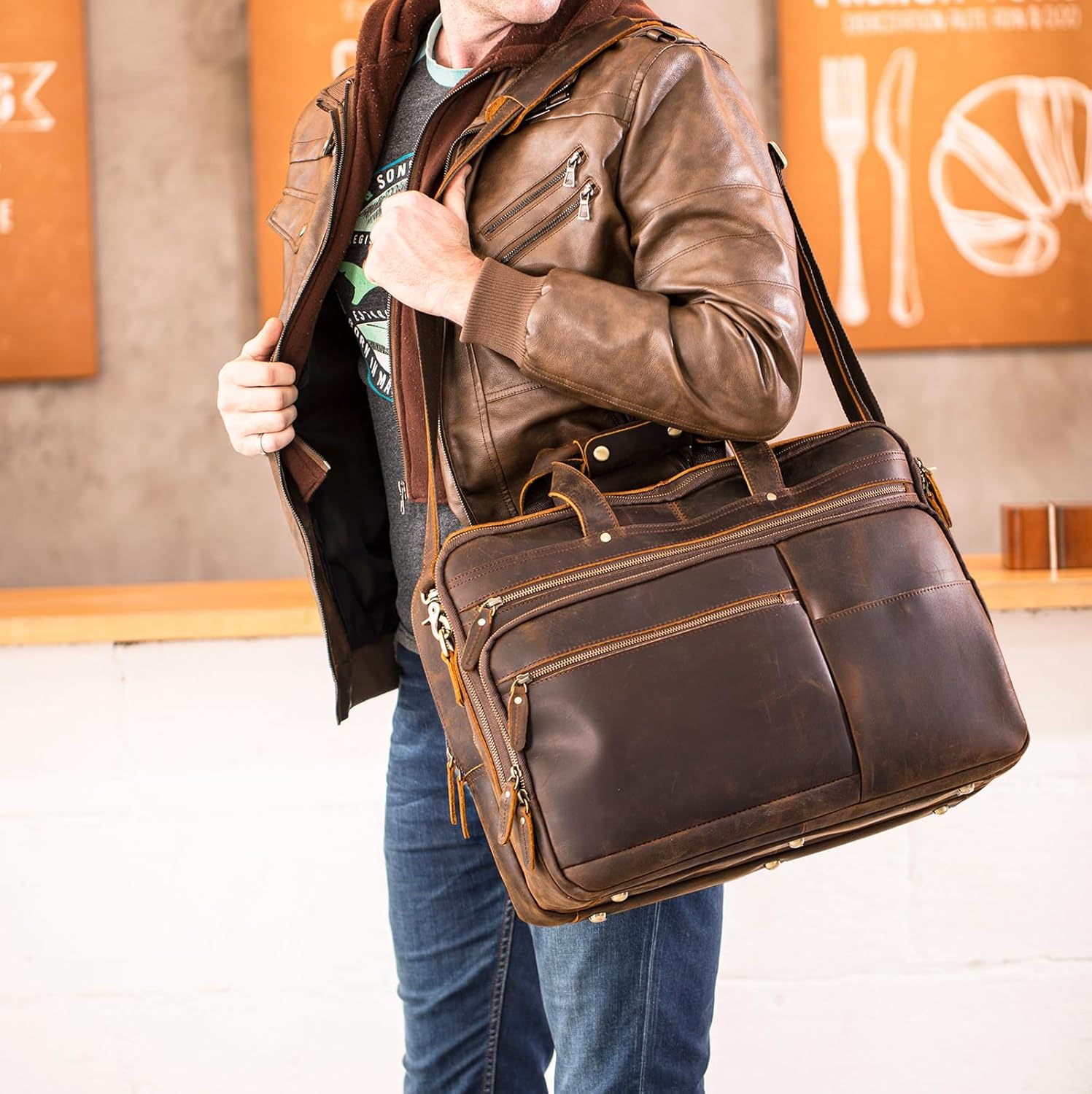 Maletín Polare XL 18 de piel de plena flor para hombre, funda de viaje de negocios, bandolera para portátil de 17,3 pulgadas