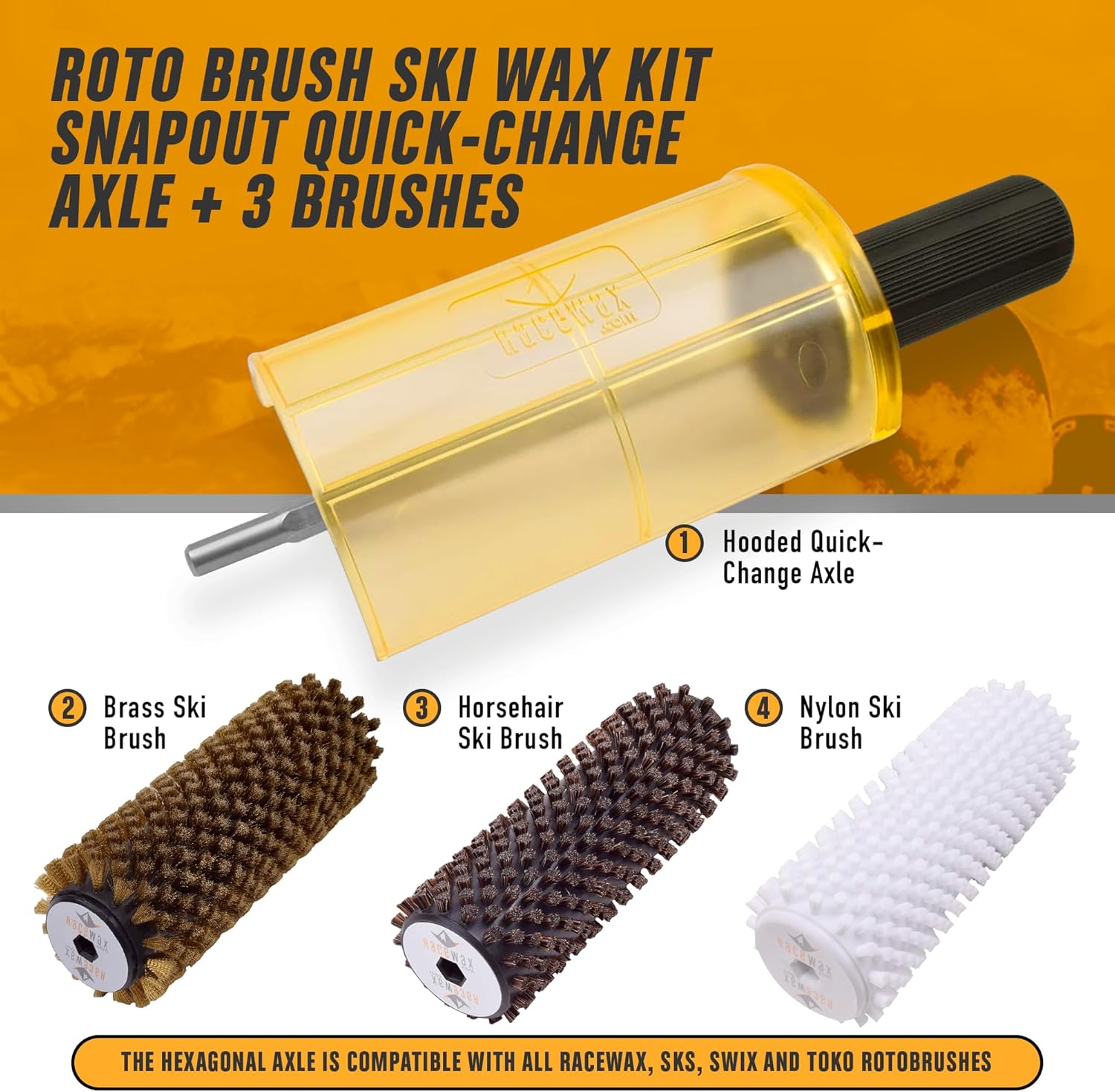 Kit de cire à ski RaceWax Roto Brush, 150 mm de large, axe à changement rapide SnapOut, 3 brosses (laiton, crin de cheval et nylon) pour l'épilation à la cire - (ZL-7150)