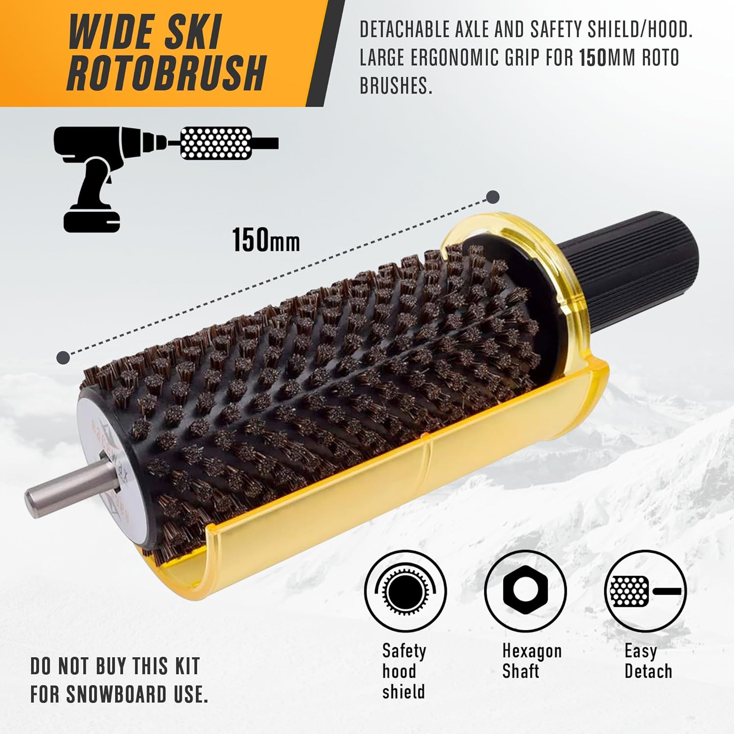 Kit de cire à ski RaceWax Roto Brush, 150 mm de large, axe à changement rapide SnapOut, 3 brosses (laiton, crin de cheval et nylon) pour l'épilation à la cire - (ZL-7150)