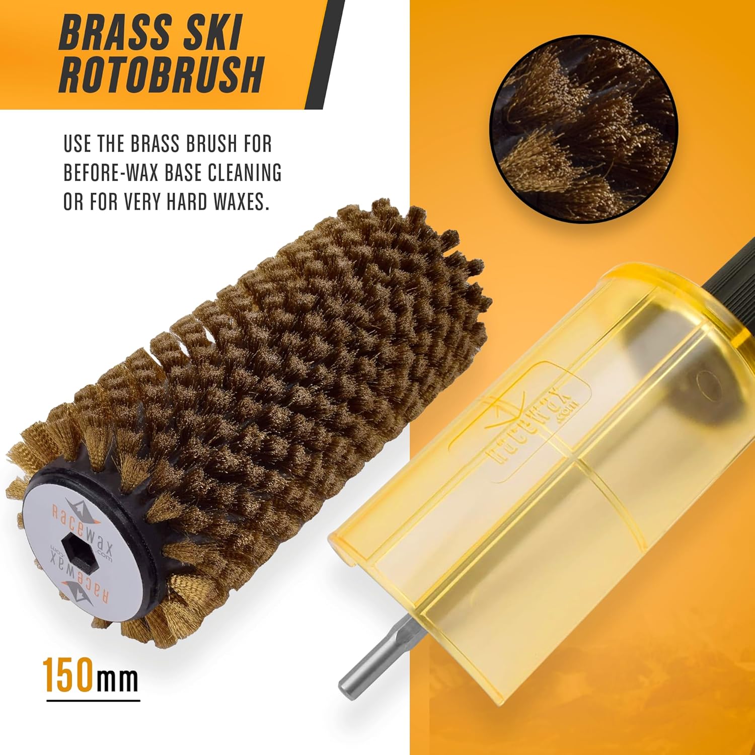 Kit de cire à ski RaceWax Roto Brush, 150 mm de large, axe à changement rapide SnapOut, 3 brosses (laiton, crin de cheval et nylon) pour l'épilation à la cire - (ZL-7150)