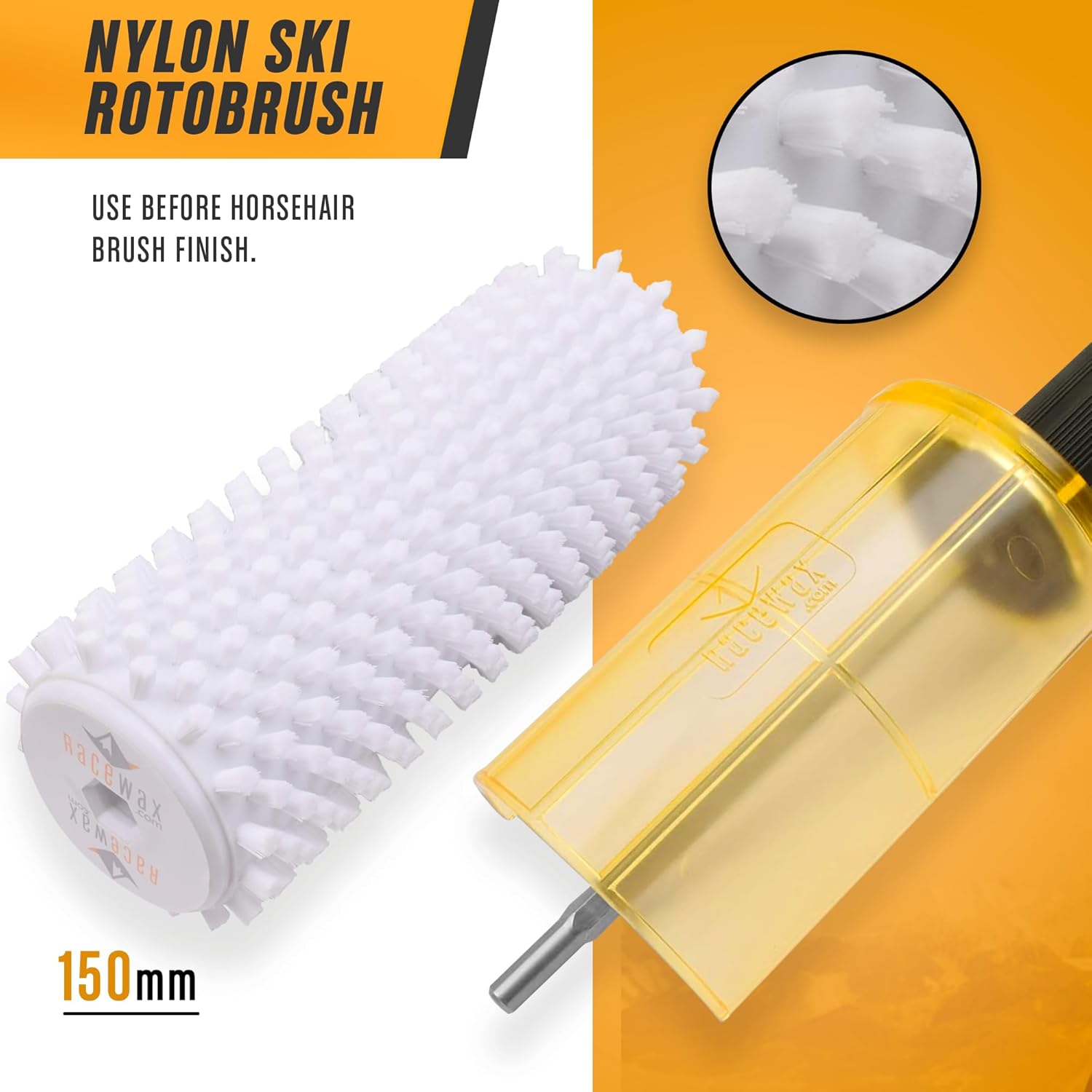 Kit de cire à ski RaceWax Roto Brush, 150 mm de large, axe à changement rapide SnapOut, 3 brosses (laiton, crin de cheval et nylon) pour l'épilation à la cire - (ZL-7150)
