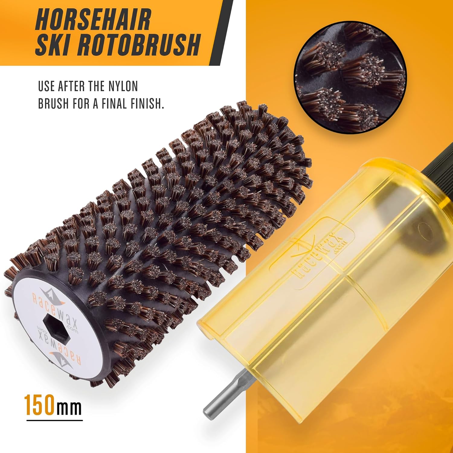 Kit de cire à ski RaceWax Roto Brush, 150 mm de large, axe à changement rapide SnapOut, 3 brosses (laiton, crin de cheval et nylon) pour l'épilation à la cire - (ZL-7150)