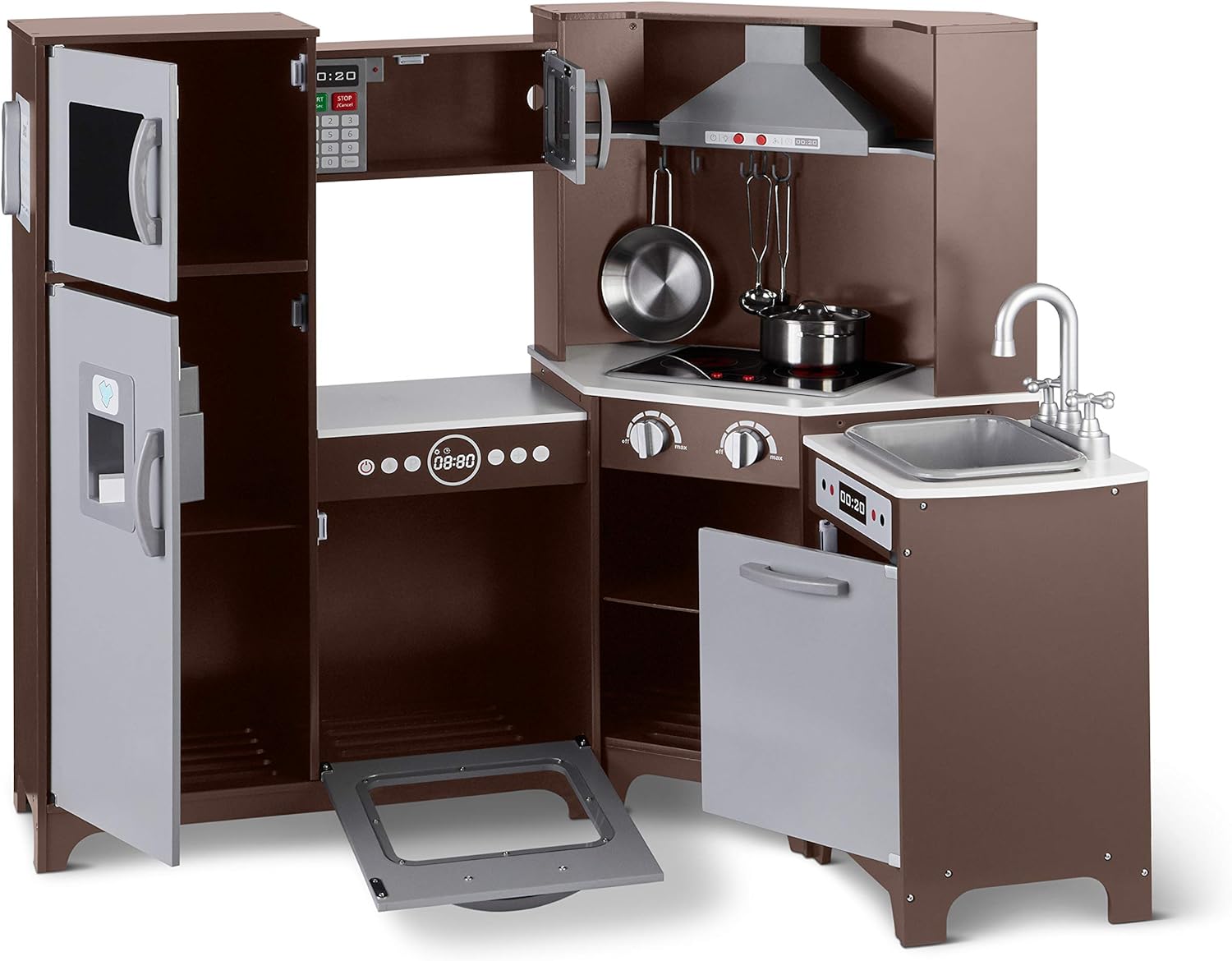 Amazon Basics Kids Corner Wooden Kitchen Toy Playset with Stove, Oven, Sink, Fridge and Accessories, for Toddlers, Preschoolers, Children Age 3  Years, Espresso/Gray, 39.37L x 28.35"W x 35.04"H · v7