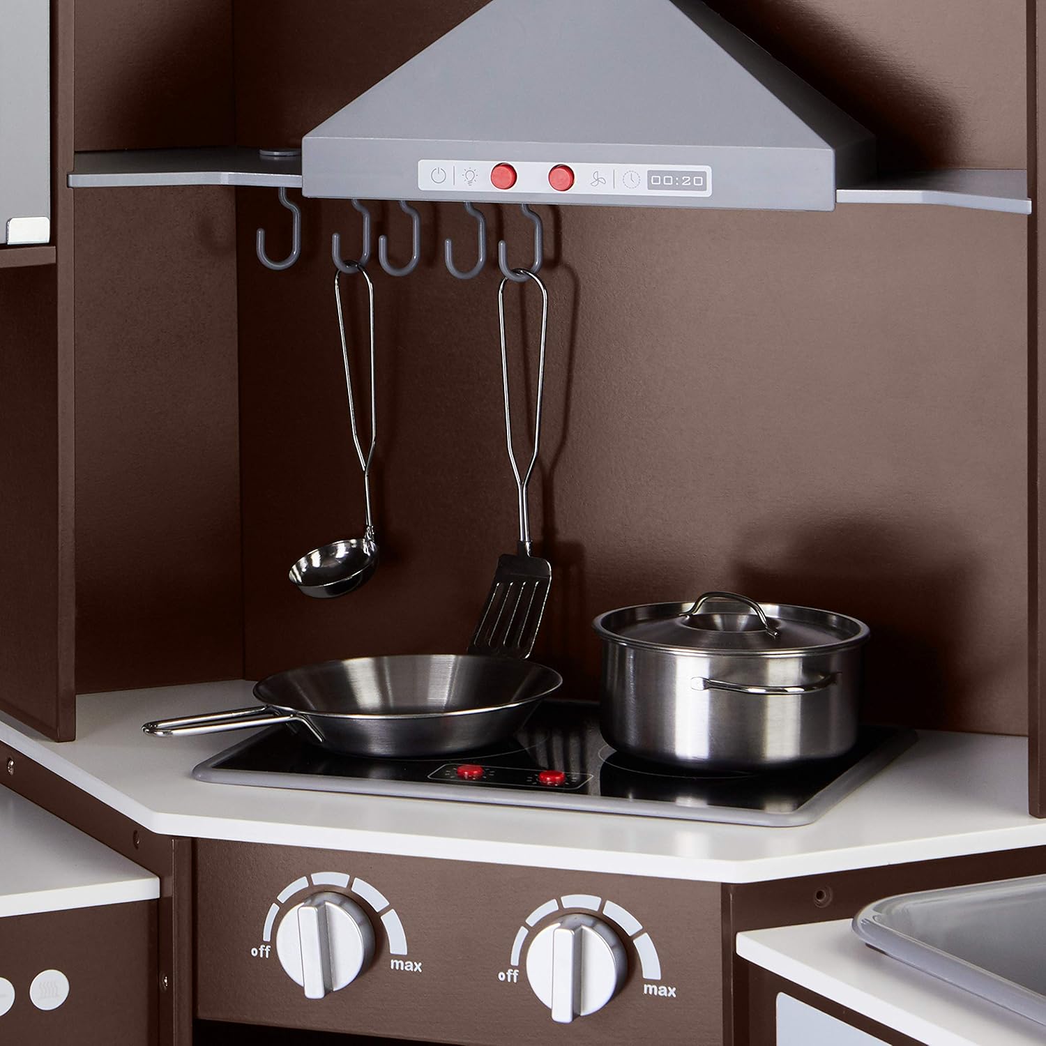 Amazon Basics Kids Corner Wooden Kitchen Toy Playset with Stove, Oven, Sink, Fridge and Accessories, for Toddlers, Preschoolers, Children Age 3  Years, Espresso/Gray, 39.37L x 28.35"W x 35.04"H · v7