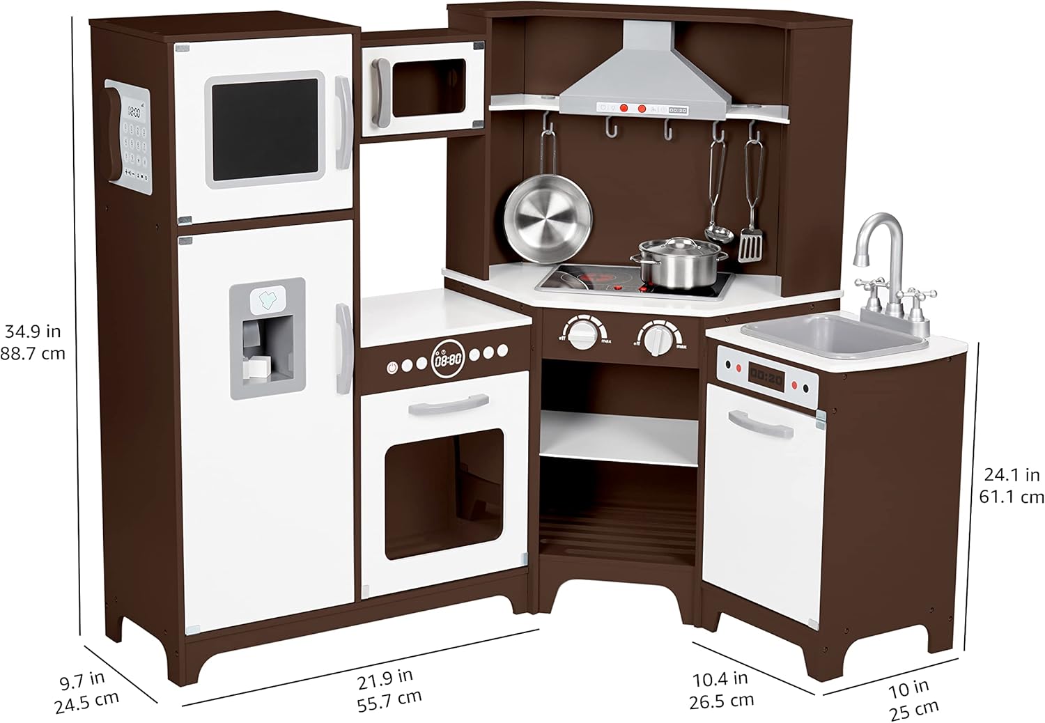 Amazon Basics Kids Corner Wooden Kitchen Toy Playset with Stove, Oven, Sink, Fridge and Accessories, for Toddlers, Preschoolers, Children Age 3  Years, Espresso/Gray, 39.37L x 28.35"W x 35.04"H · v7