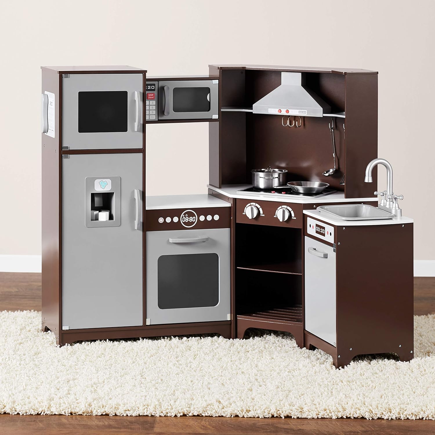 Amazon Basics Kids Corner Wooden Kitchen Toy Playset with Stove, Oven, Sink, Fridge and Accessories, for Toddlers, Preschoolers, Children Age 3  Years, Espresso/Gray, 39.37L x 28.35"W x 35.04"H · v7