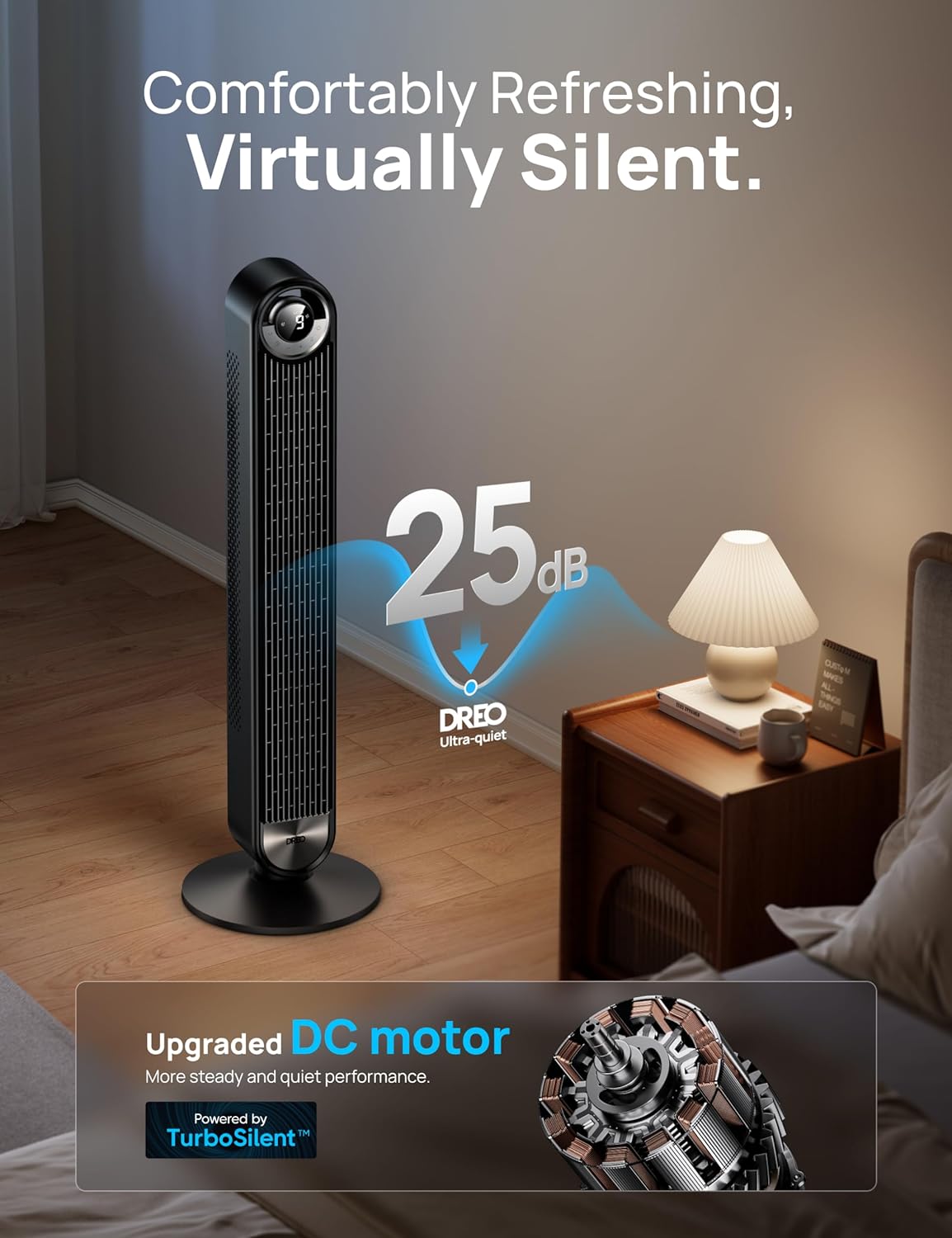 Ventilatore a torre Dreo per camera da letto, ventilatore da pavimento DC a 9 velocità ultra silenzioso, ventole oscillanti a 90° per interni con velocità di 26 piedi/s, timer 12 ore, ventole da appoggio, ventilatore senza pale potente per casa e ufficio