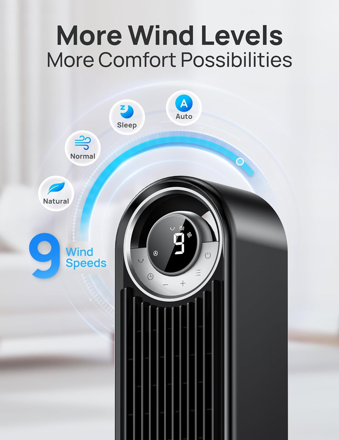 Ventilatore a torre Dreo per camera da letto, ventilatore da pavimento DC a 9 velocità ultra silenzioso, ventole oscillanti a 90° per interni con velocità di 26 piedi/s, timer 12 ore, ventole da appoggio, ventilatore senza pale potente per casa e ufficio