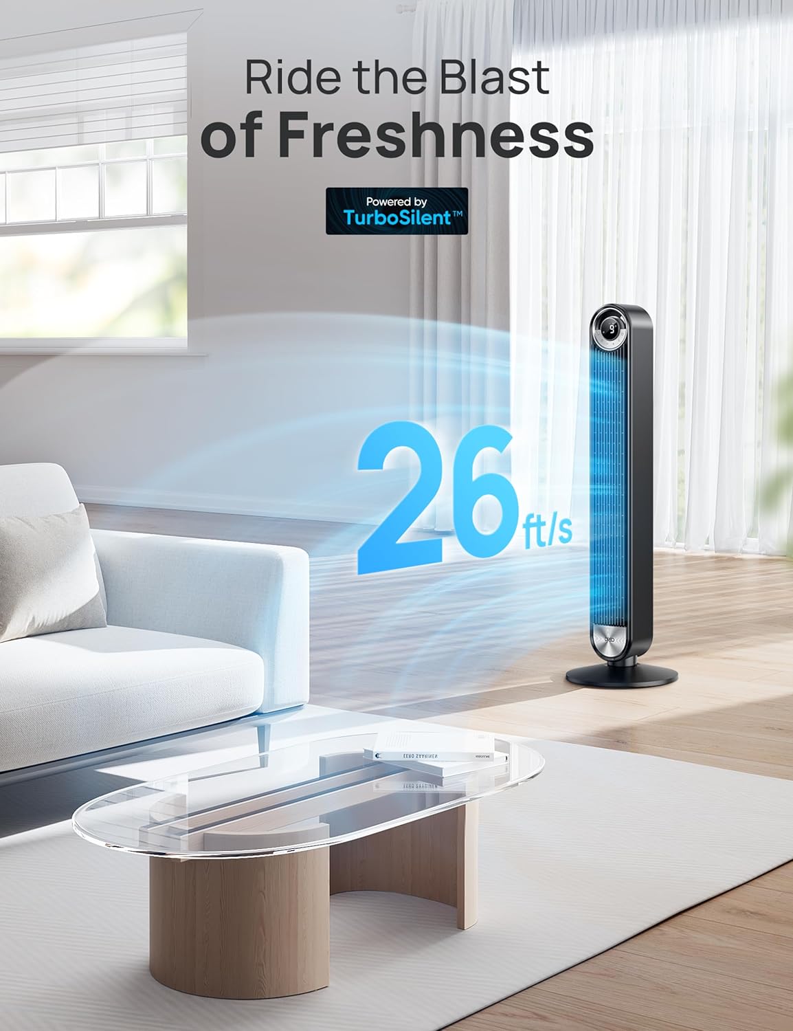 Ventilatore a torre Dreo per camera da letto, ventilatore da pavimento DC a 9 velocità ultra silenzioso, ventole oscillanti a 90° per interni con velocità di 26 piedi/s, timer 12 ore, ventole da appoggio, ventilatore senza pale potente per casa e ufficio
