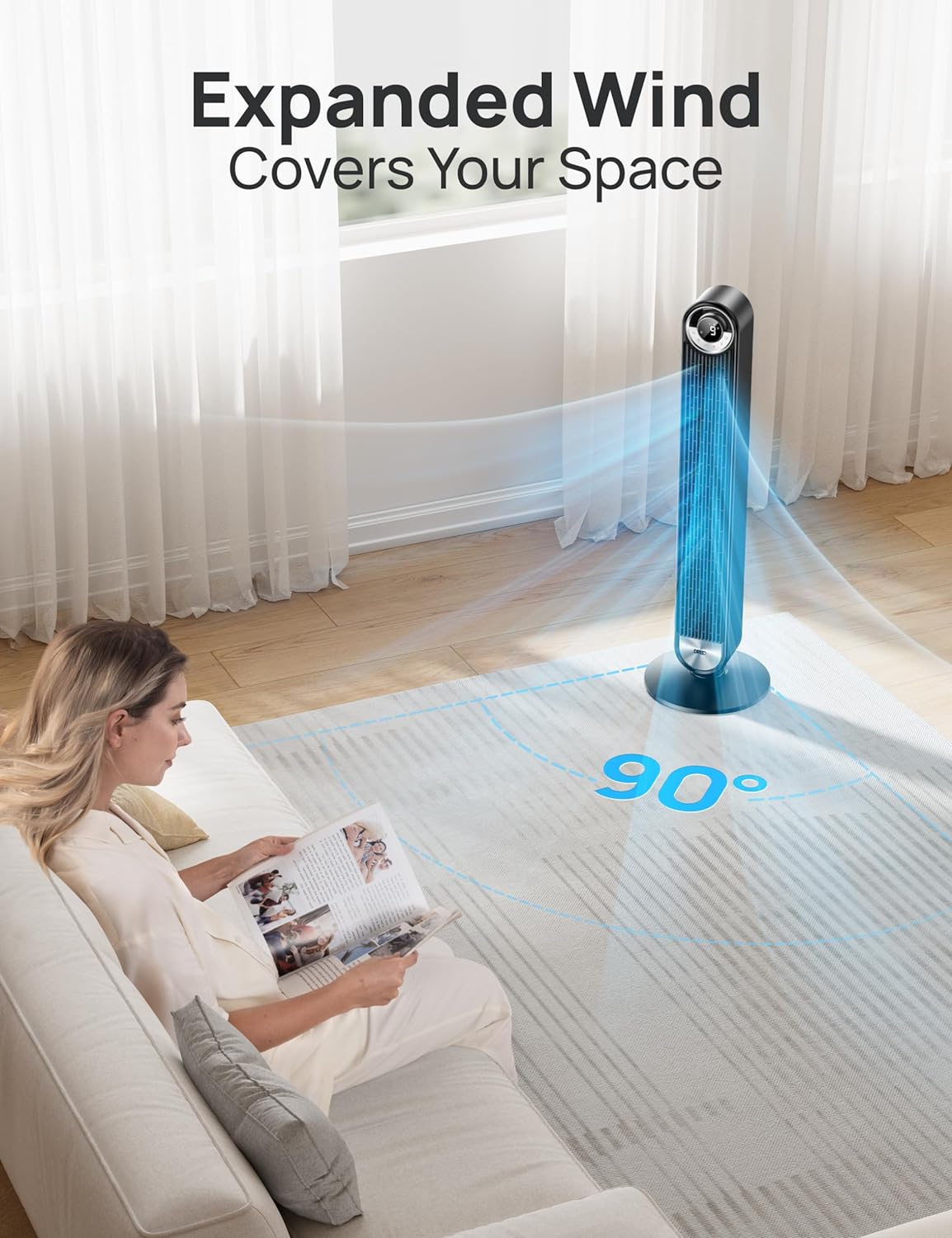 Ventilatore a torre Dreo per camera da letto, ventilatore da pavimento DC a 9 velocità ultra silenzioso, ventole oscillanti a 90° per interni con velocità di 26 piedi/s, timer 12 ore, ventole da appoggio, ventilatore senza pale potente per casa e ufficio