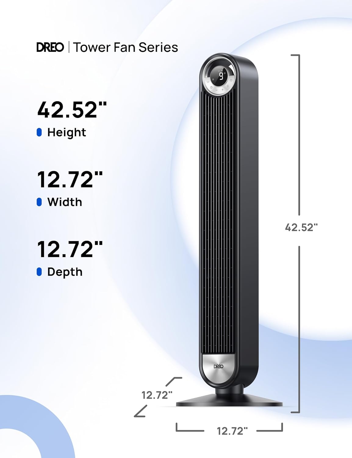 Ventilatore a torre Dreo per camera da letto, ventilatore da pavimento DC a 9 velocità ultra silenzioso, ventole oscillanti a 90° per interni con velocità di 26 piedi/s, timer 12 ore, ventole da appoggio, ventilatore senza pale potente per casa e ufficio
