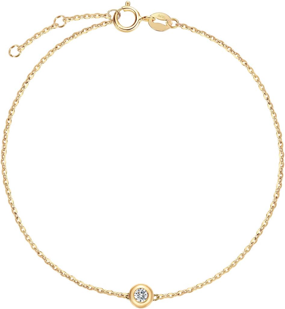 Carleen 18K Solid Gold Solitaire One Genuine Bezel Set Small Tiny Round 0.10ct Diamond Layered Mixed Dainty Bracelet Minimalist Delicate Fine Jewelry for Women Girls, 6.7 1.2" · v4