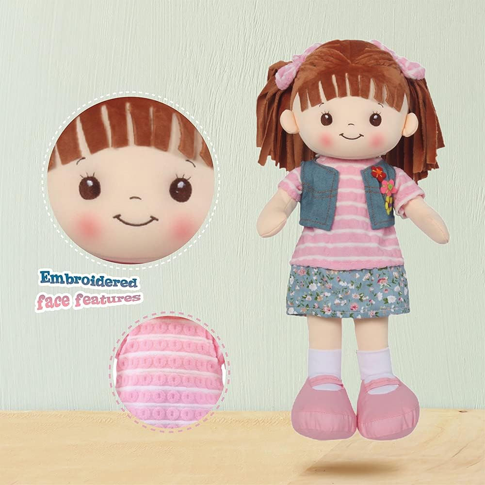 Linzy Toys, 16 Little Sweet Hearts Interactive Soft Plush RAG Doll, Embroidered FACE  Removable Clothes, Educational Doll, Muñecas de trapo para niña, First Doll for Kids (90958) , Floral · v2
