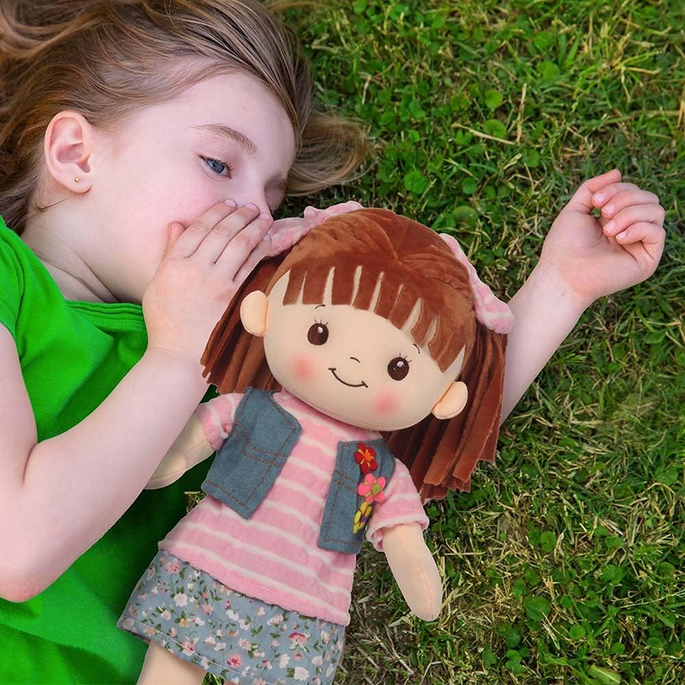 Linzy Toys, 16 Little Sweet Hearts Interactive Soft Plush RAG Doll, Embroidered FACE  Removable Clothes, Educational Doll, Muñecas de trapo para niña, First Doll for Kids (90958) , Floral · v2