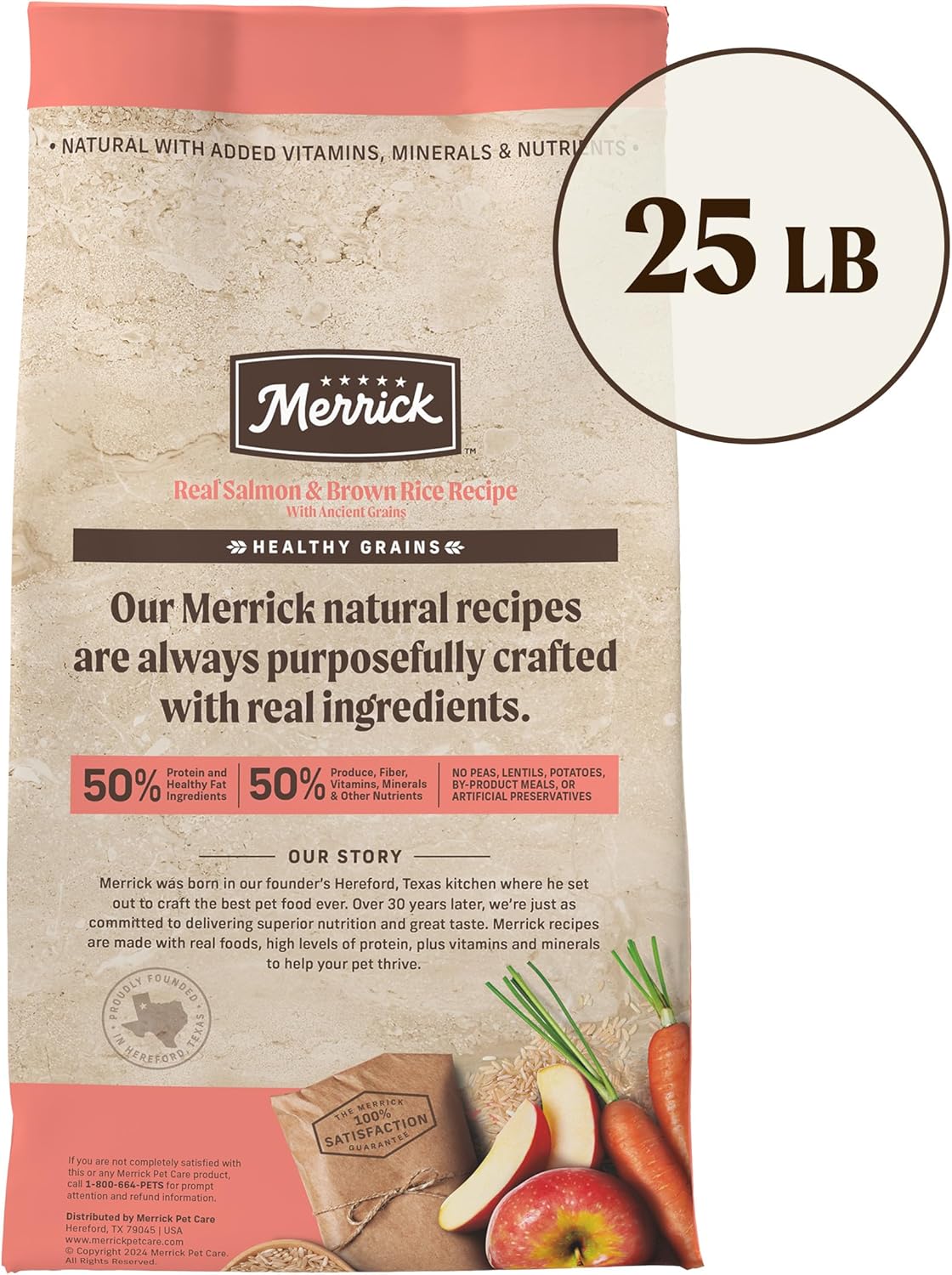 طعام الكلاب الجاف الممتاز من Merrick Healthy Grains، طعام صحي وطبيعي للكلاب البالغة مع السلمون والأرز البني - كيس 25.0 رطل