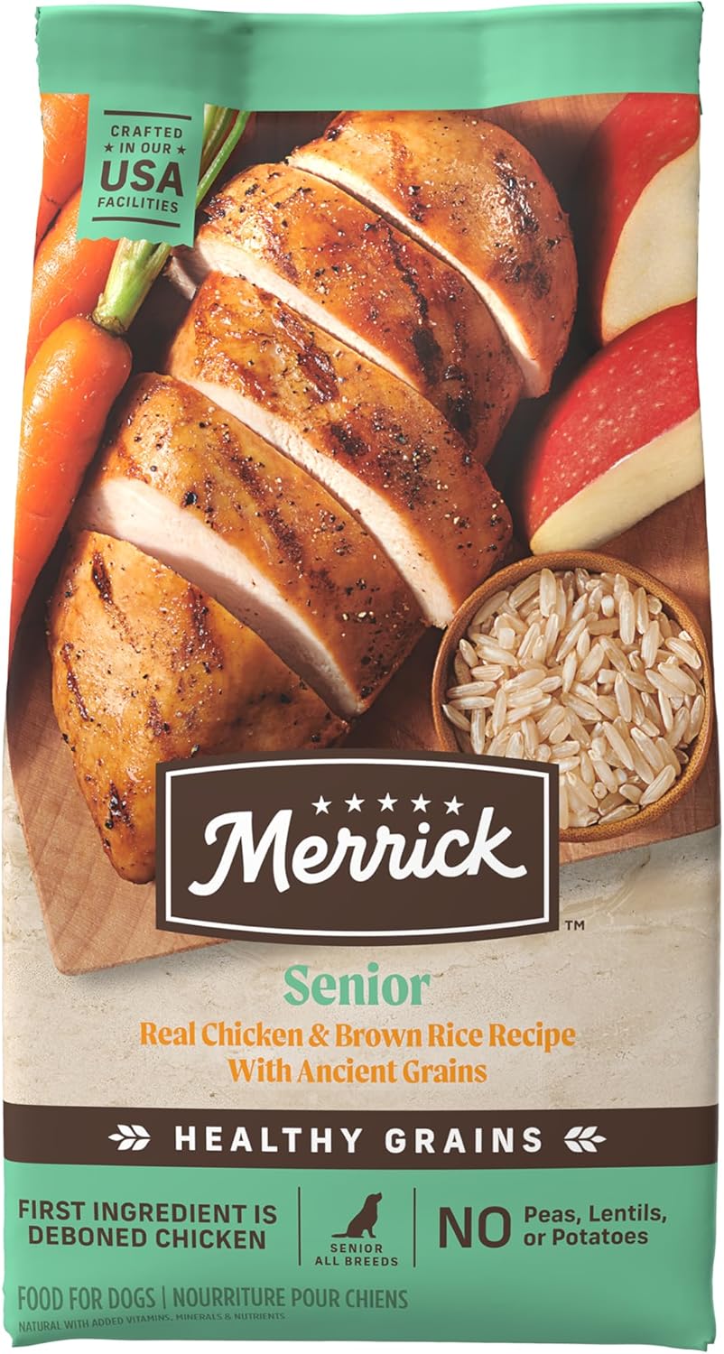 Alimento seco para perros Merrick Healthy Grains de primera calidad, croquetas de pollo secas sanas y naturales, receta para personas mayores, bolsa de 25 libras