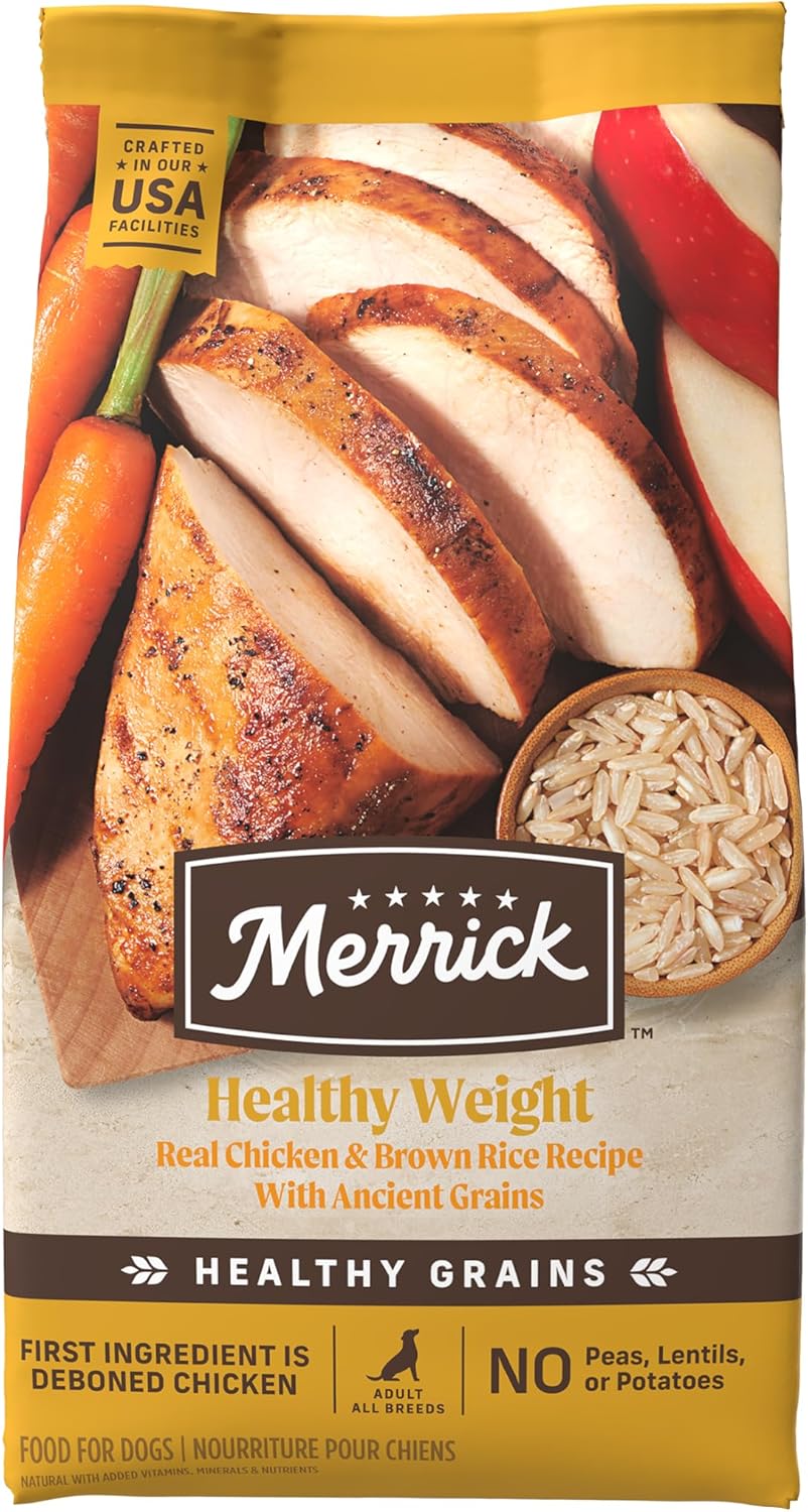 Alimento seco Merrick Healthy Grains de primera calidad para perros adultos, croquetas sanas y naturales, receta para un peso saludable, bolsa de 25 libras