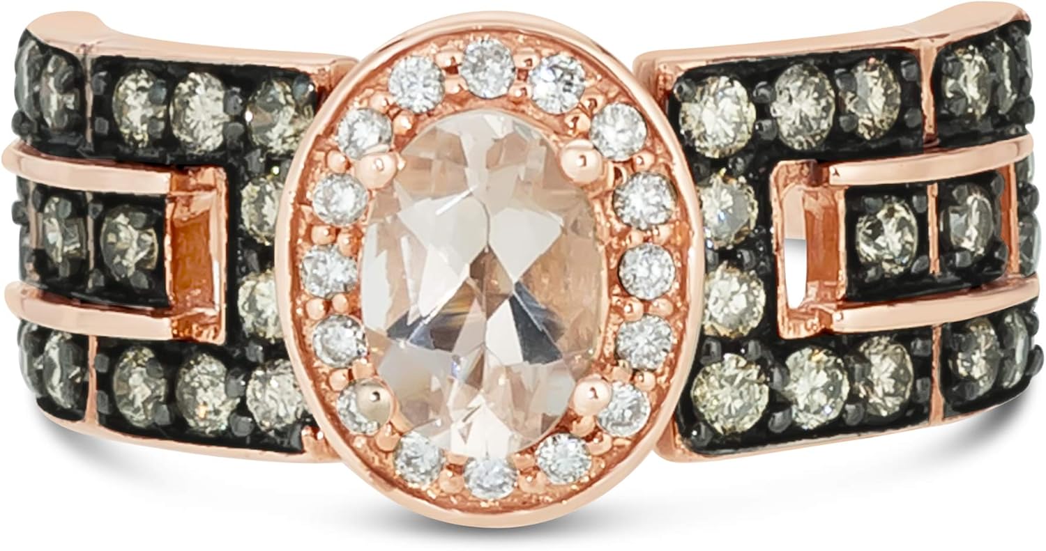 LE VIAN 14 Ayar Pembe Altın, Oval Morganit 7/8 Cttw Beyaz/Çikolata Pırlanta Halo Nişan Yüzüğü (H-I amp; Süslü Kahverengi Renk, SI1-SI2 Berraklığı) - Beden 7