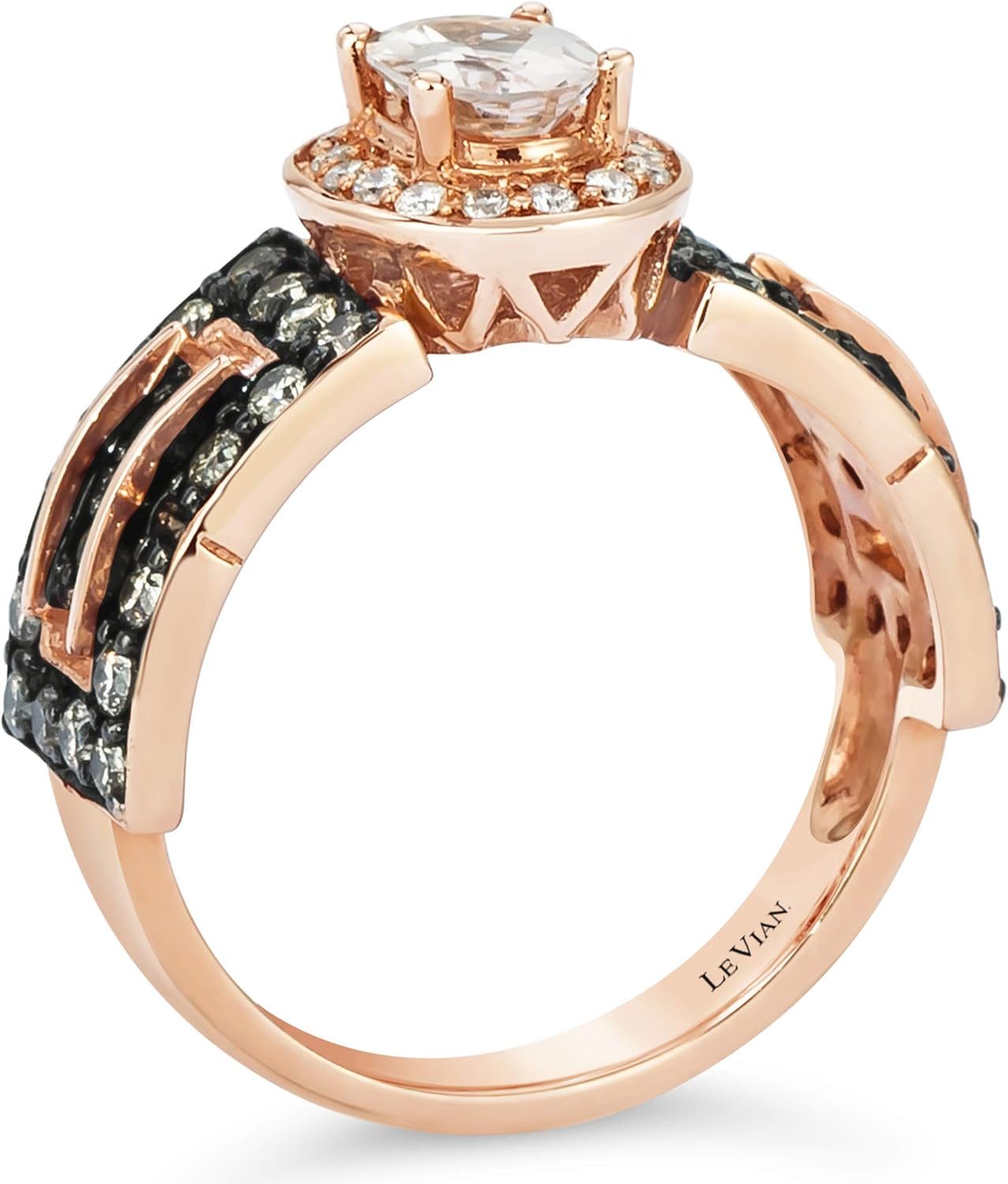 LE VIAN 14 Ayar Pembe Altın, Oval Morganit 7/8 Cttw Beyaz/Çikolata Pırlanta Halo Nişan Yüzüğü (H-I amp; Süslü Kahverengi Renk, SI1-SI2 Berraklığı) - Beden 7