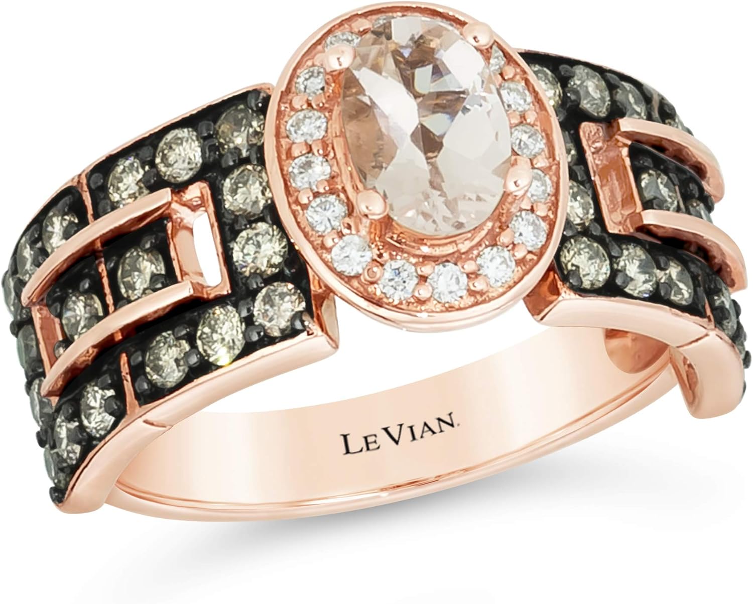 LE VIAN 14 Ayar Pembe Altın, Oval Morganit 7/8 Cttw Beyaz/Çikolata Pırlanta Halo Nişan Yüzüğü (H-I amp; Süslü Kahverengi Renk, SI1-SI2 Berraklığı) - Beden 7