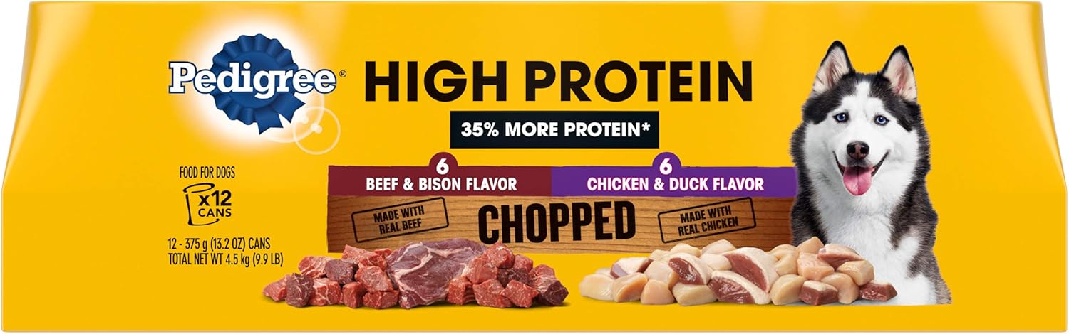 Paquete variado de alimento para perros PEDIGREE con alto contenido de proteínas para adultos, enlatado, suave y húmedo, carne picada, sabor a bisonte y pollo picado; sabor a pato, 13.2 onzas (paquete de 12)