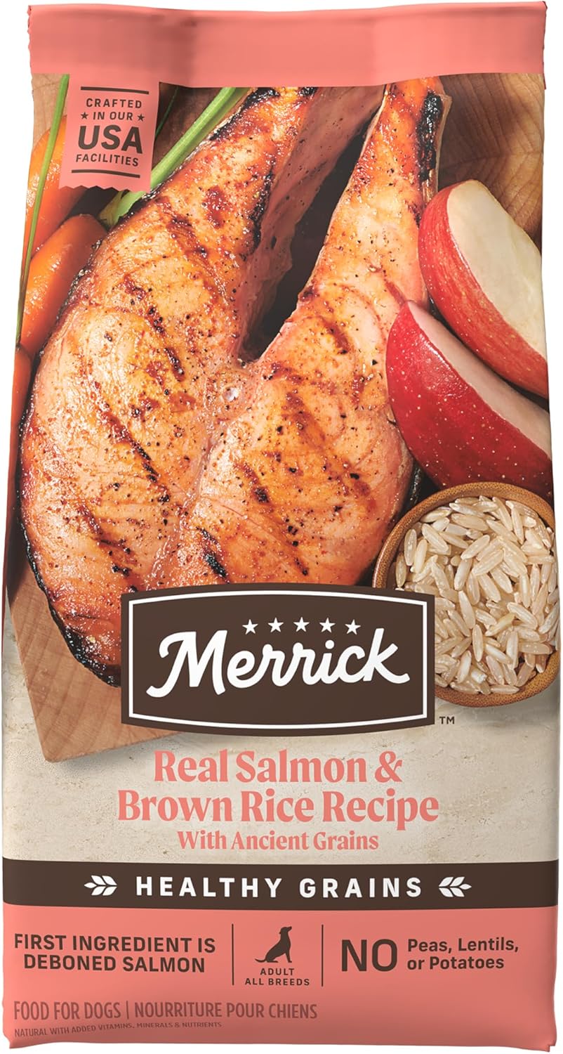 Merrick Healthy Grains Premium droogvoer voor volwassenen, gezonde en natuurlijke brokjes met zalm en bruine rijst