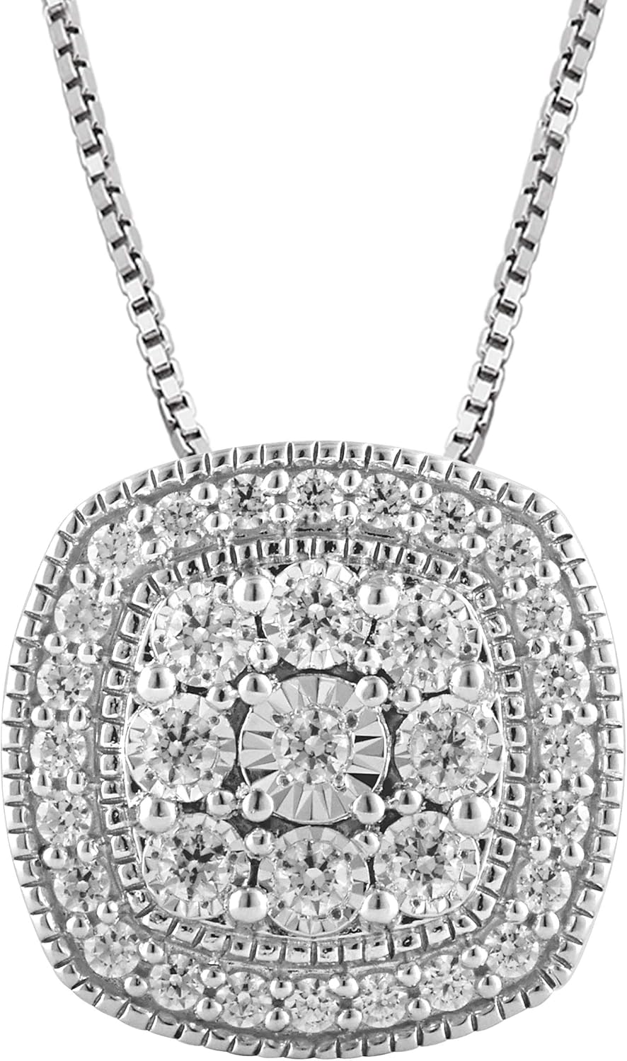 1/2 Carat Necklaces for Women - 925 Sterling Silver Necklace - Round Cut Natural Diamond Cushion Halo Pendant - Fine Jewelry for Her - Gift Box Included