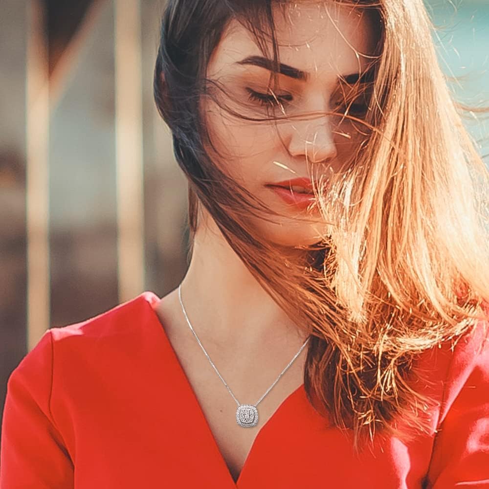 1/2 Carat Necklaces for Women - 925 Sterling Silver Necklace - Round Cut Natural Diamond Cushion Halo Pendant - Fine Jewelry for Her - Gift Box Included