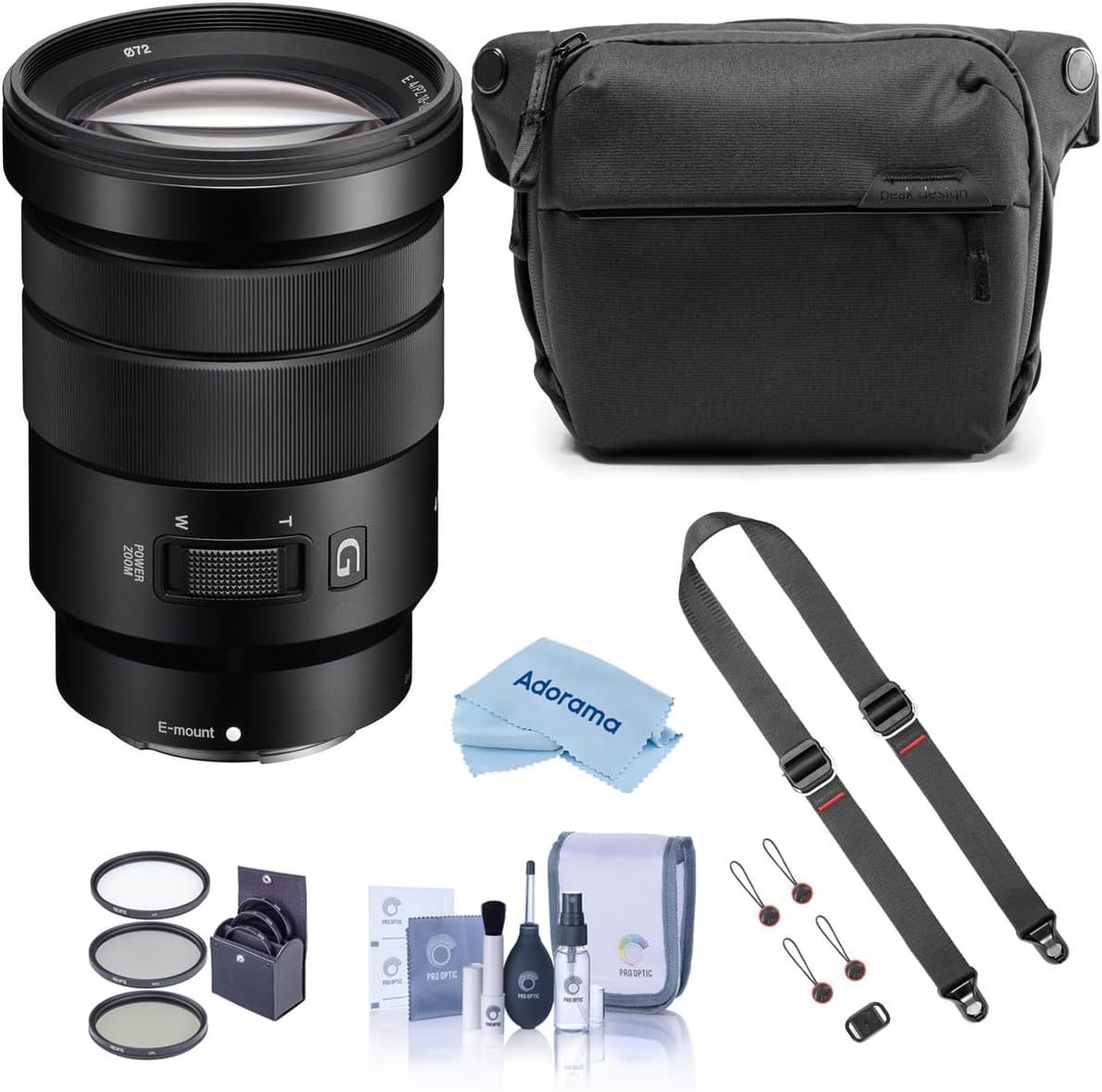 Sony E PZ 18-105mm f/4.0 G OSS Lens for Sony E, Bundle with Peak Design SlideLITE Strap, Everyday Sling V2, 72mm Filter Kit, Cleaning Kit, Cleaning Cloth