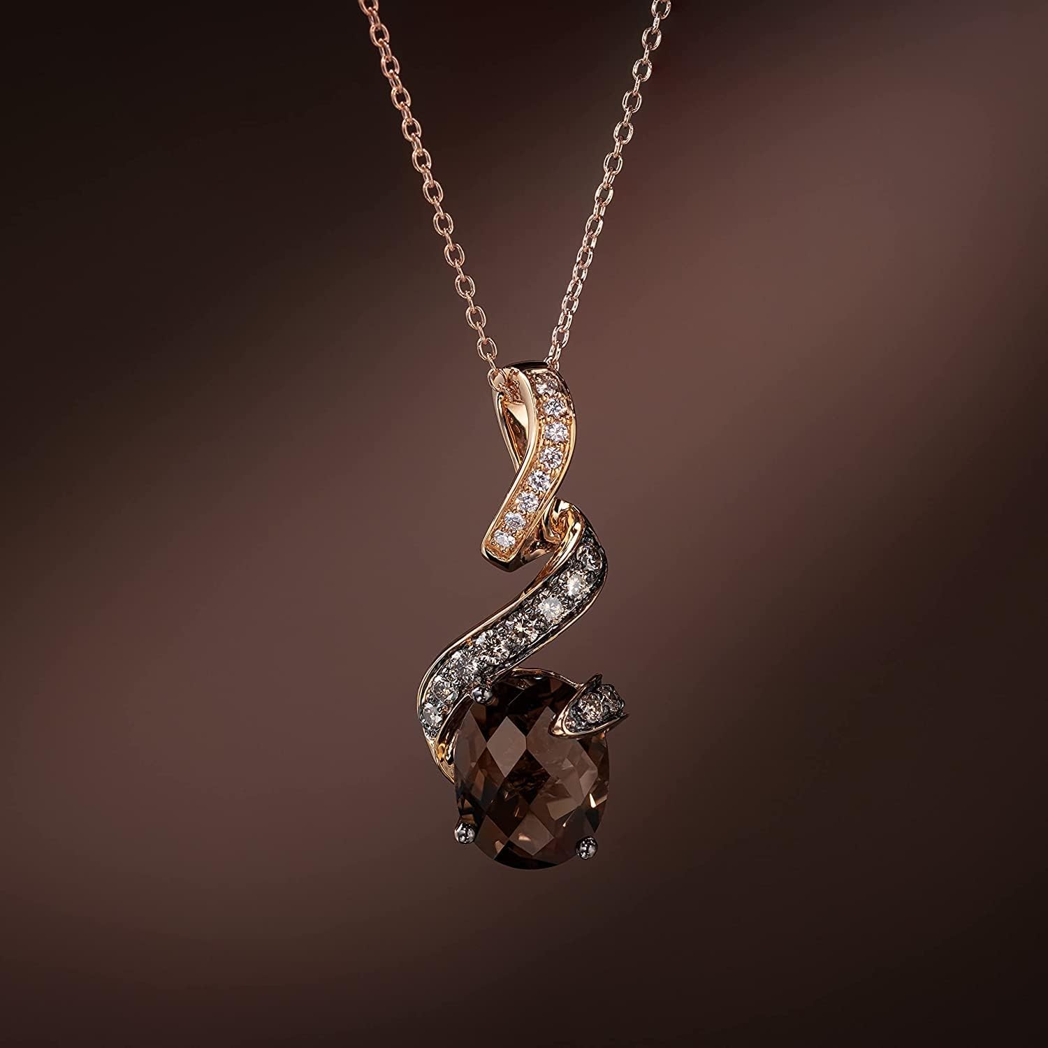LE VIAN Halskette mit Bandanhänger aus 14 Karat Roségold für Damen I 1/4 Karat Vanille- und Schokoladendiamant mit 2-karätiger ovaler Rauchquarz-Halskette (G-H/Brown, VS2-SI1, cttw), 18-Zoll-Kette mit Hummerkralle