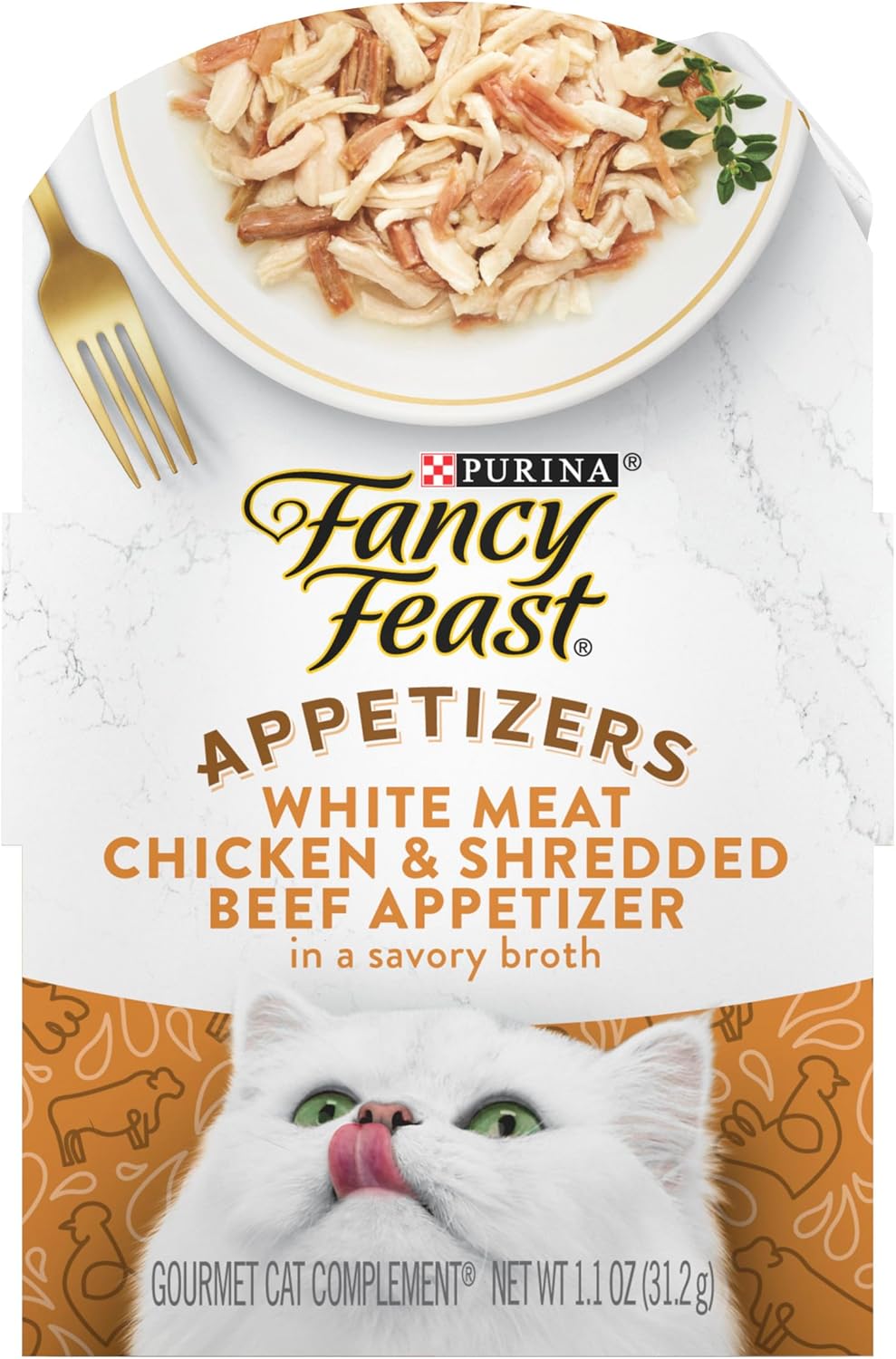 Aperitivos Purina Fancy Feast para lamerse, sin cereales, comida para gatos, carne blanca, pollo y ternera desmenuzada, paquete de 10, bandejas de 1.1 oz
