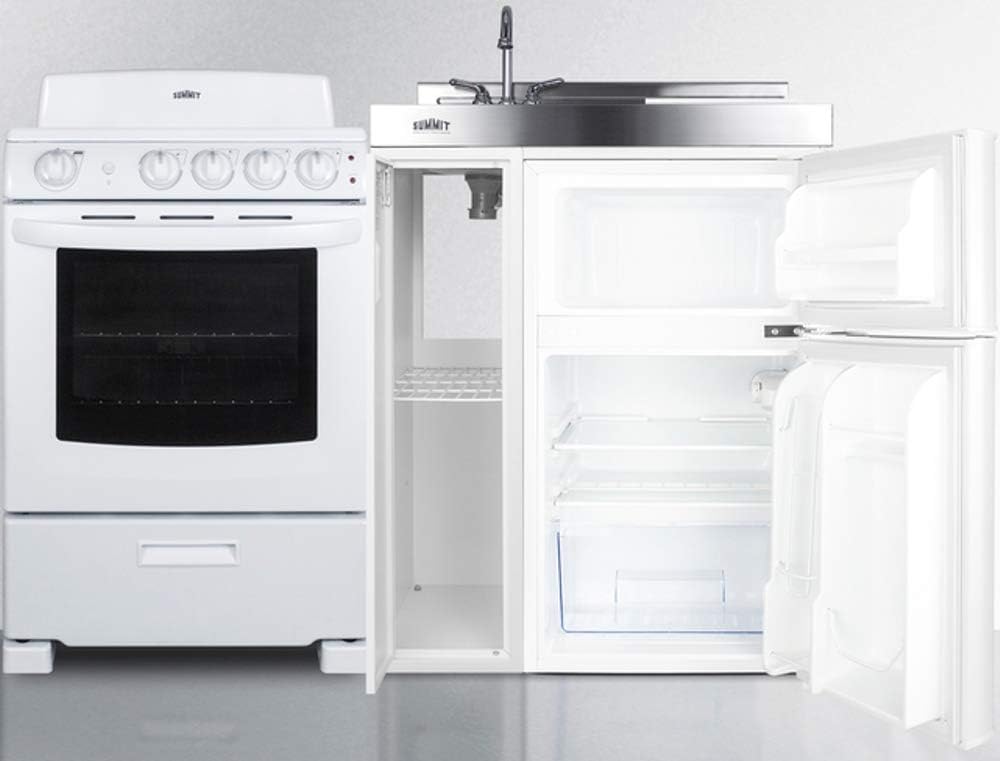 Summit Appliance ACK54COILW เครื่องครัวอเนกประสงค์ขนาด 54 นิ้วพร้อมเตาไฟฟ้า 4 ขดลวด 220V ตู้เย็นพร้อมช่องแช่แข็ง อ่างล้างจาน เขียงและช่องเก็บช้อนส้อม และตู้เก็บของ