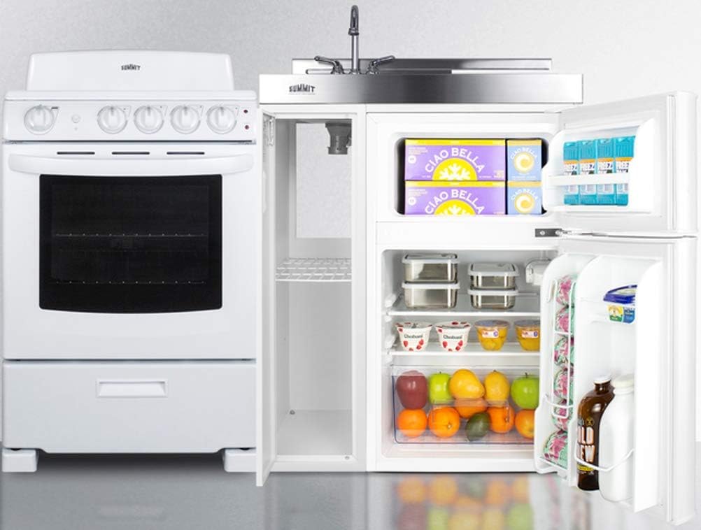 Summit Appliance ACK54COILW เครื่องครัวอเนกประสงค์ขนาด 54 นิ้วพร้อมเตาไฟฟ้า 4 ขดลวด 220V ตู้เย็นพร้อมช่องแช่แข็ง อ่างล้างจาน เขียงและช่องเก็บช้อนส้อม และตู้เก็บของ
