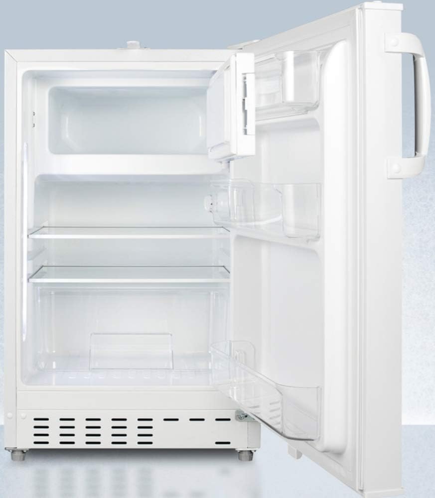 Frigorífico-congelador Summit Appliance ADA302RFZ integrado bajo encimera, compatible con la ADA, en blanco, diseñado para almacenamiento de uso general con descongelación manual, estantes de vidrio, cerradura frontal y almacenamiento en la puerta