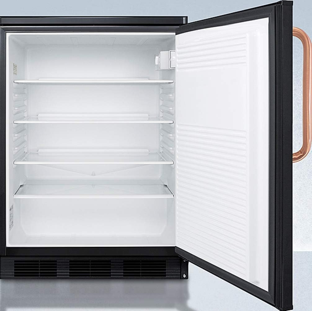 Summit Appliance FF7LBLKTBC Commercially Listed Freestanding All-Refrigerator for General Purpose Use with Front Lock, Automatic Defrost Operation, Pure Copper Handle and Black Exterior · v5